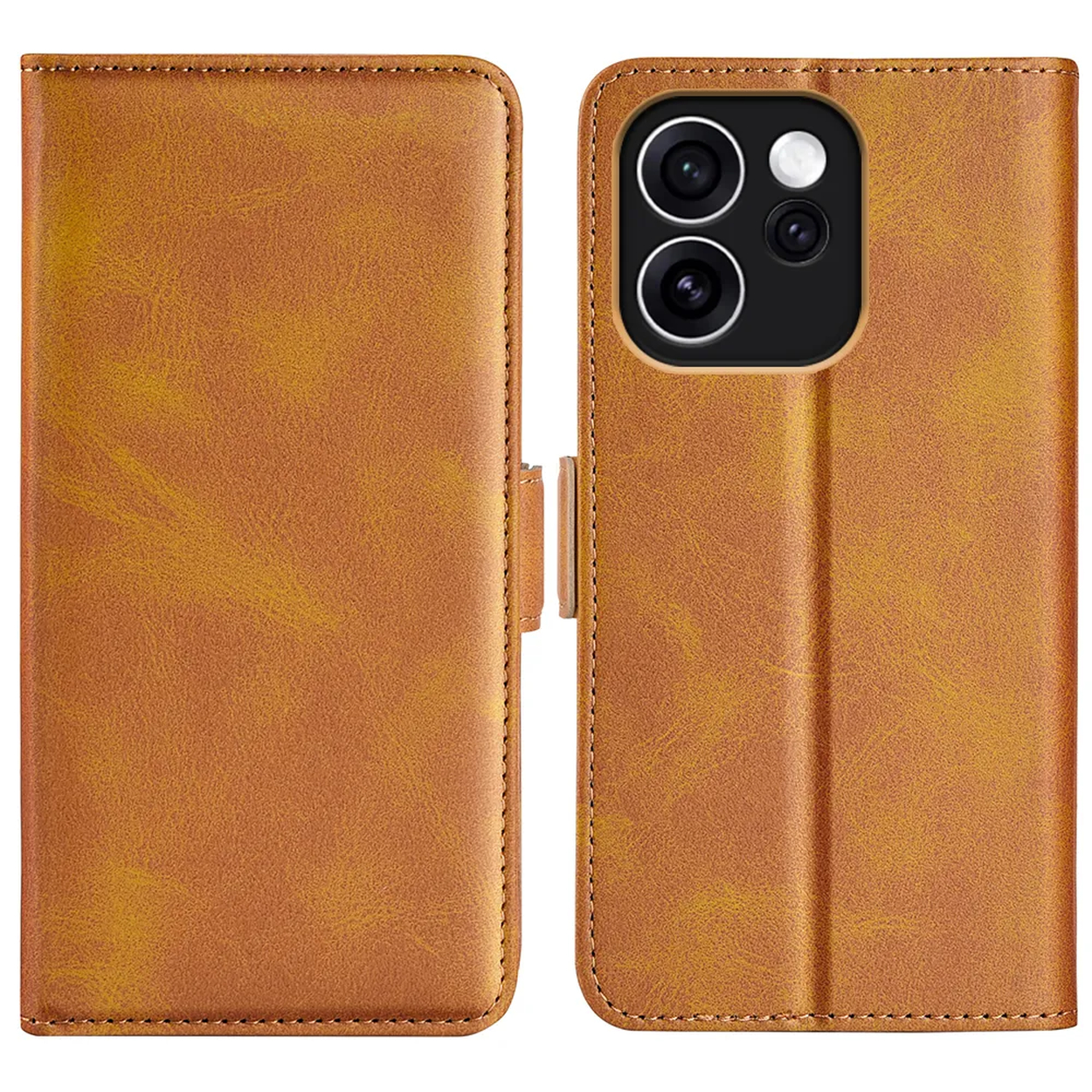Un étui en cuir marron pour téléphone, ouvert, montrant la zone de la caméra.