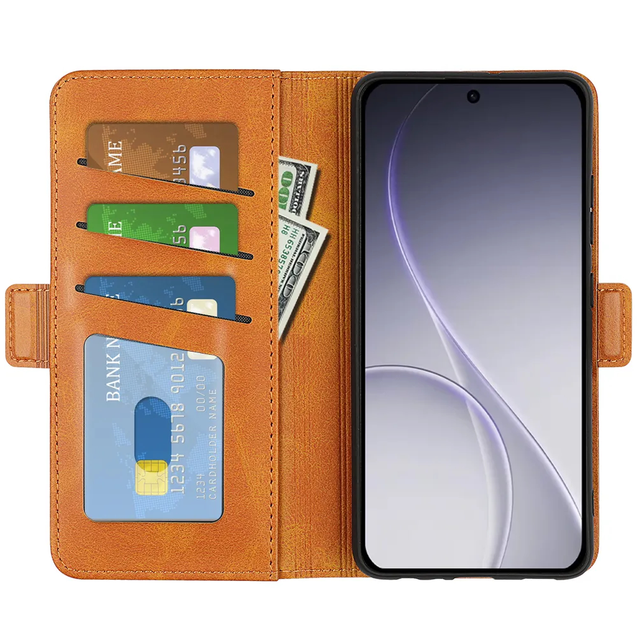 Un portefeuille marron avec fentes pour cartes et argent. Un smartphone inséré.