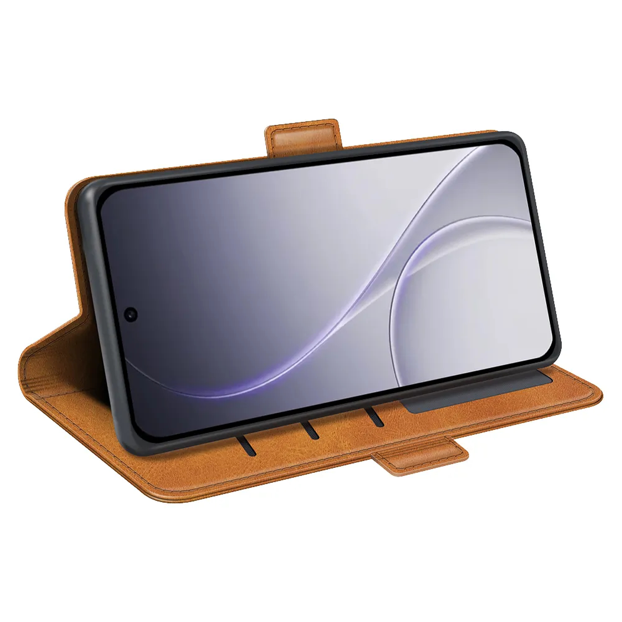 Étui portefeuille en cuir marron pour smartphone, debout.