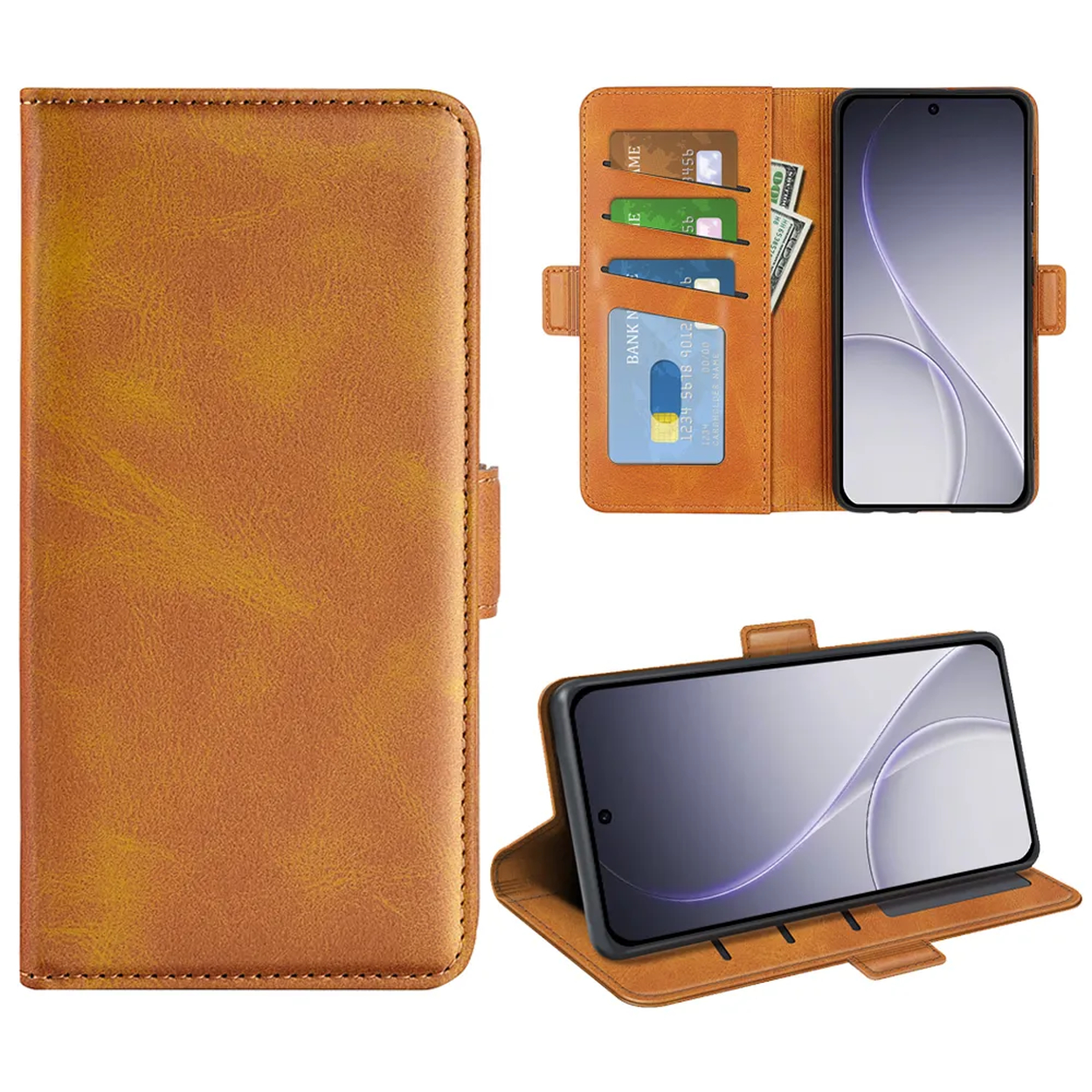 Étui de téléphone en cuir marron avec fentes pour cartes.