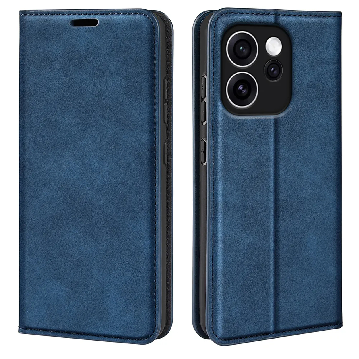 Blauwe leren telefoonhoes, gesloten en open getoond, met camera-uitsparing.