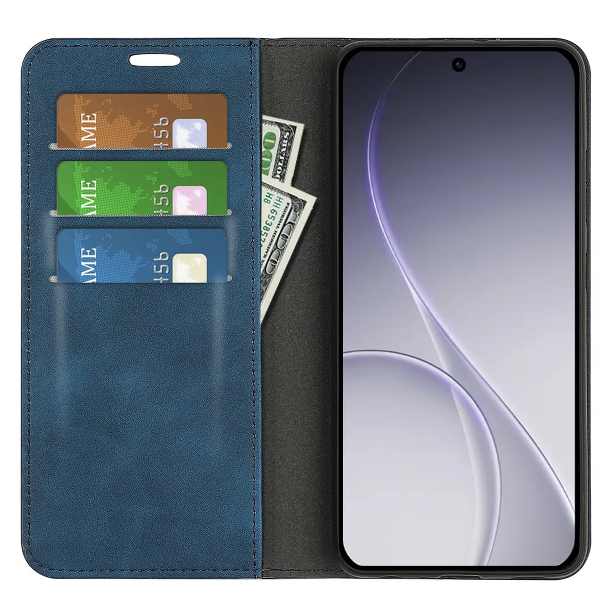 Blauwe telefoonhoes met kaartsleuven, bankbiljetten en een smartphone.