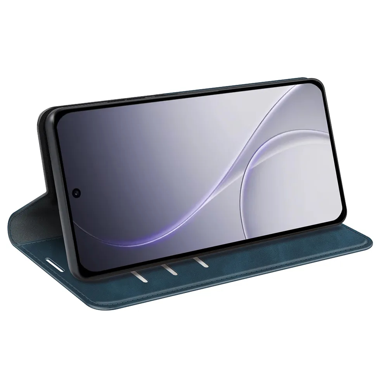 Een blauwe telefoon in een hoesje als standaard, met abstracte achtergrond.