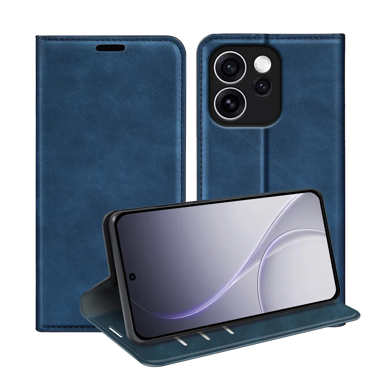 Blauw leren telefoonhoesje met kaarthouders en staande telefoon.
