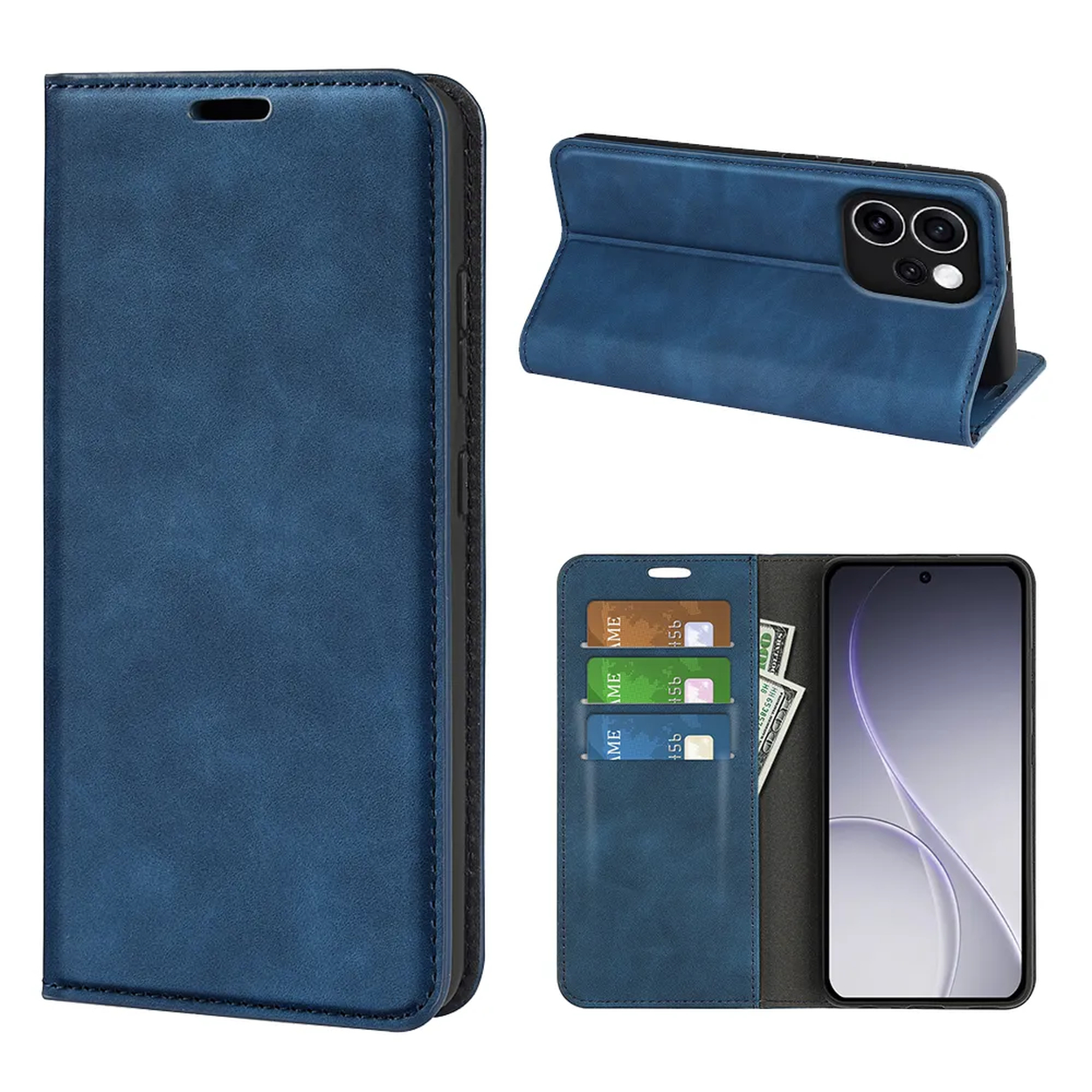 Blauw telefoonhoesje met kaarthouders en standaardfunctie. Interieur.