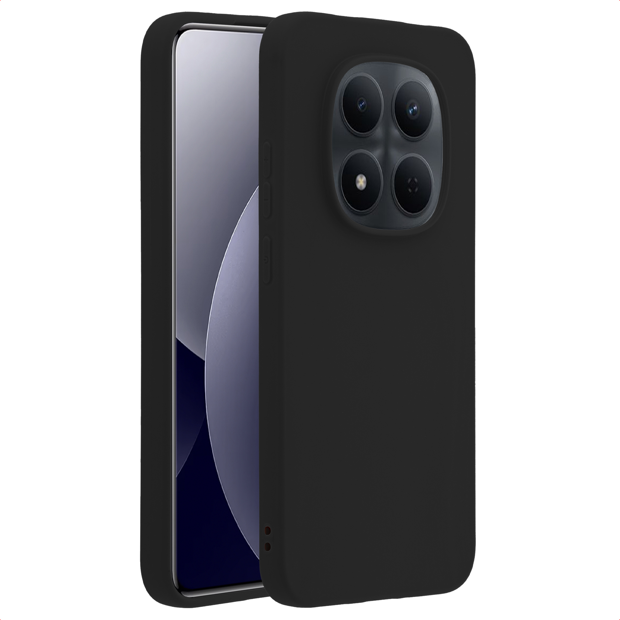 Zwarte telefoonhoes met vier cameralenzen en een deel van het scherm.