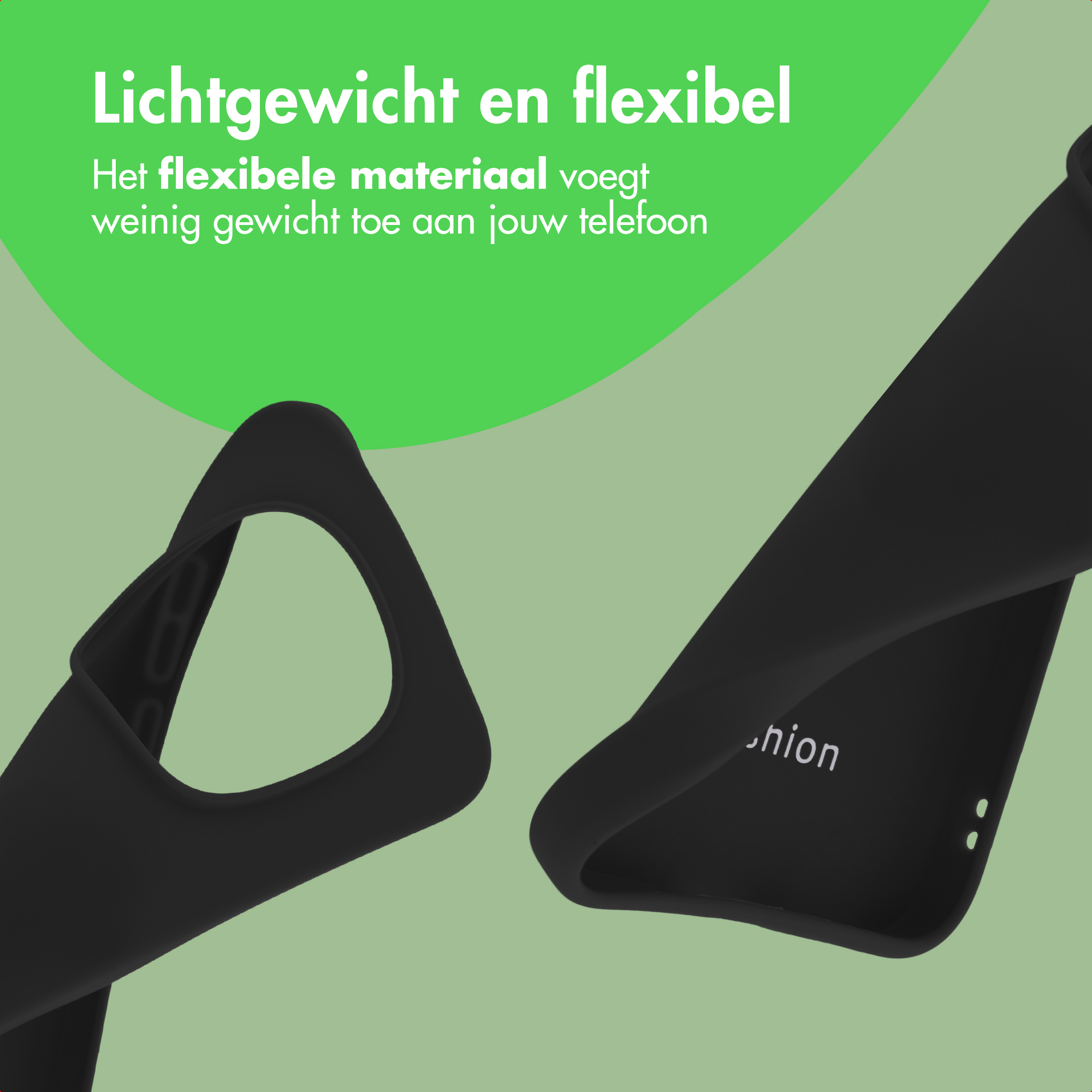 Twee zwarte telefoonhoesjes op een lichtgroene achtergrond. Eén hoesje is open, de ander gevouwen.