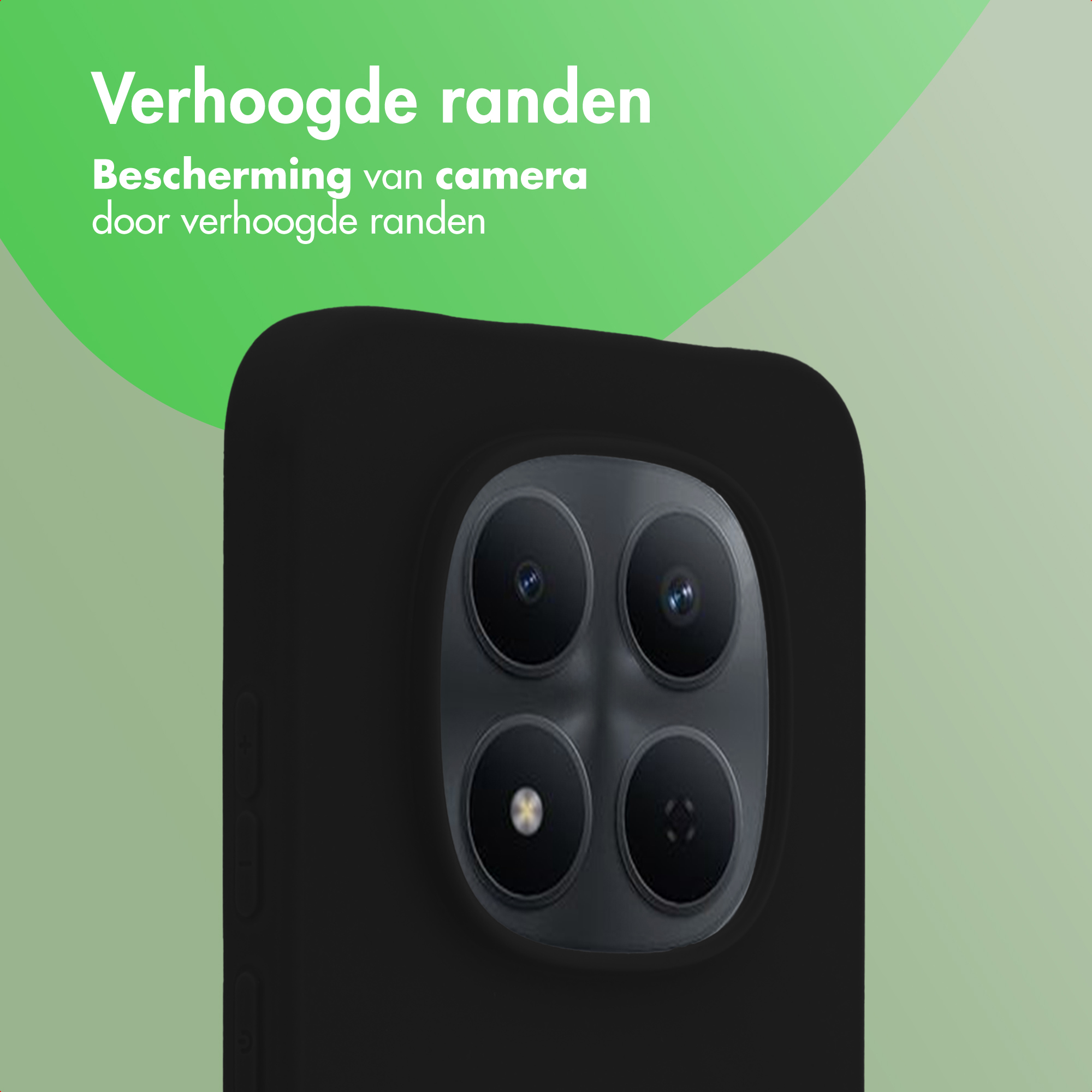 Zwarte telefoon met vier camera's en verhoogde randen. Groene achtergrond.