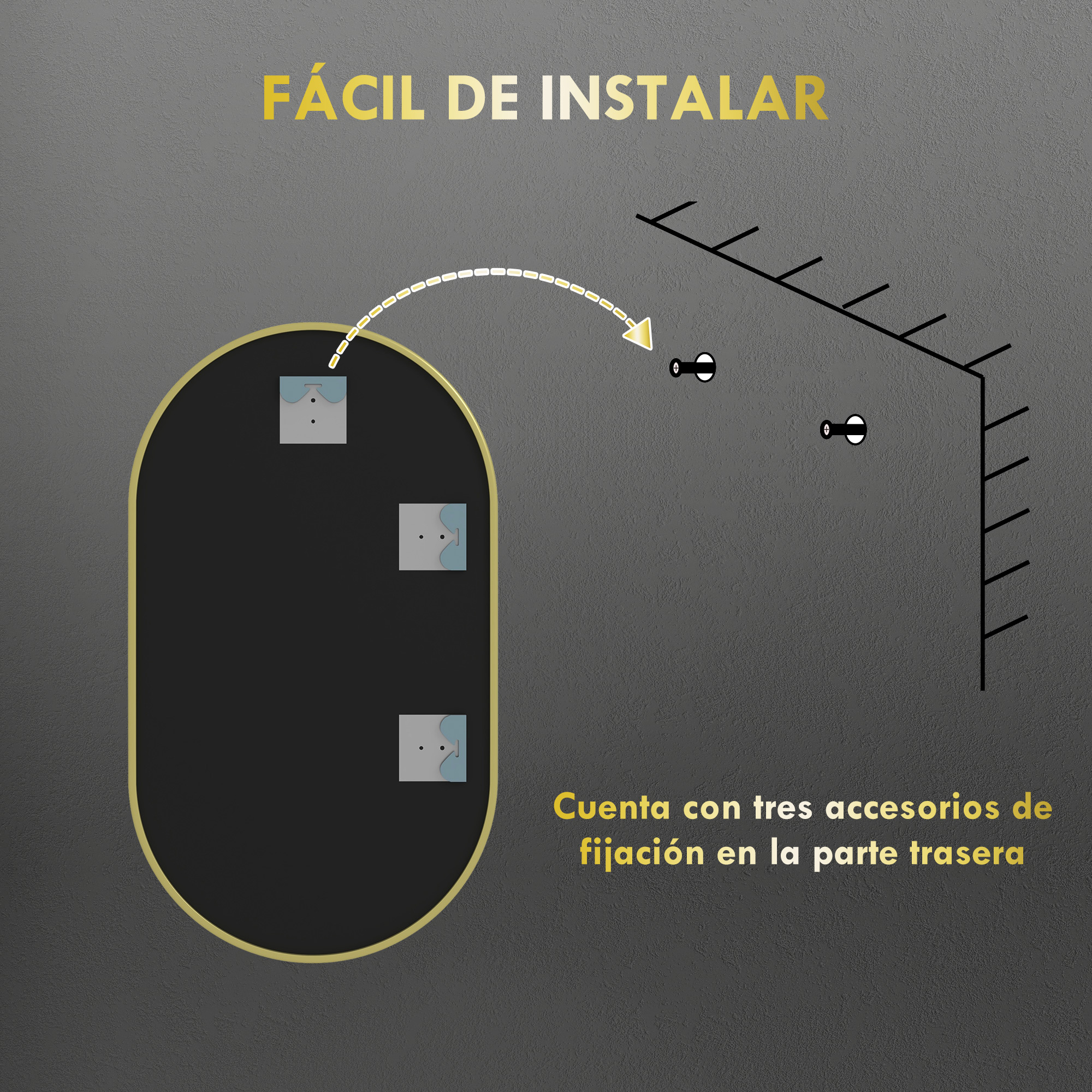Espejo ovalado con puntos de fijación, fácil de instalar.