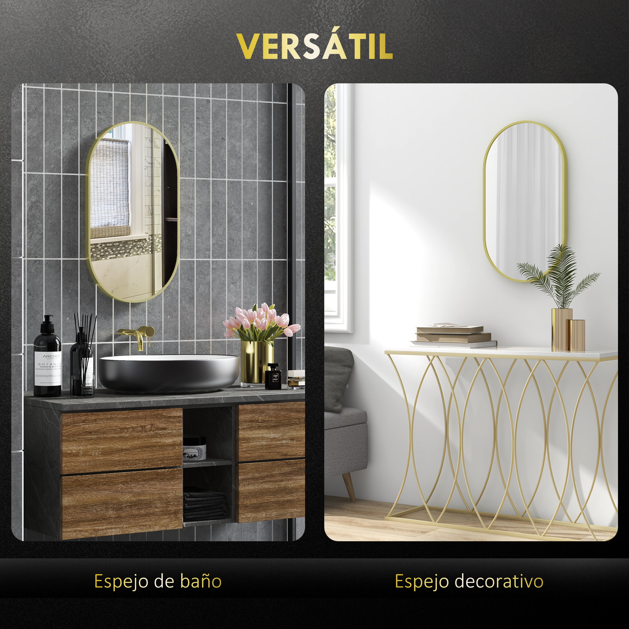 Espejos de baño y decorativos con marco dorado sobre fondos grises y blancos.