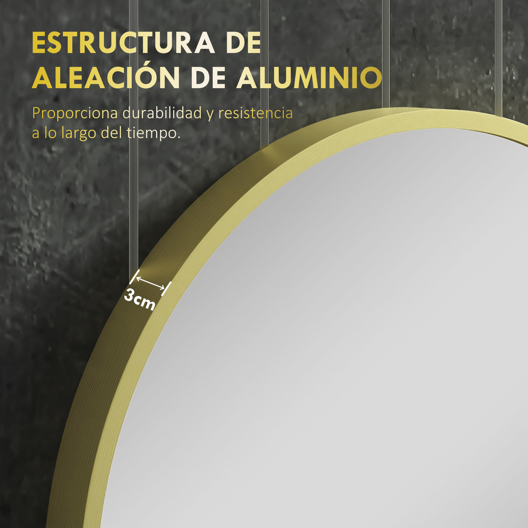 Espejo redondo con marco de aluminio dorado, ancho de 3cm, pared oscura.
