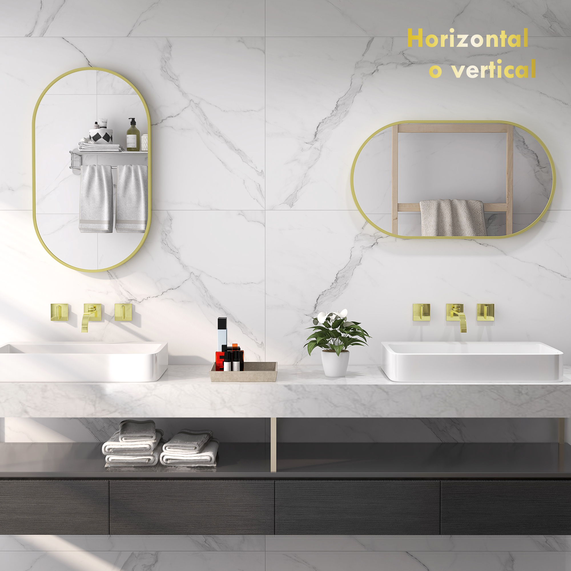 Baño moderno con azulejos de mármol, dos lavabos, grifería dorada y espejos.