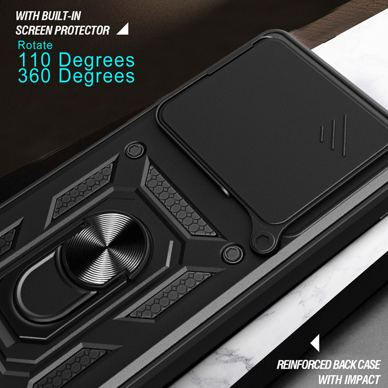 Zwarte telefoonhoes met ringhouder en ingebouwde screenprotector.