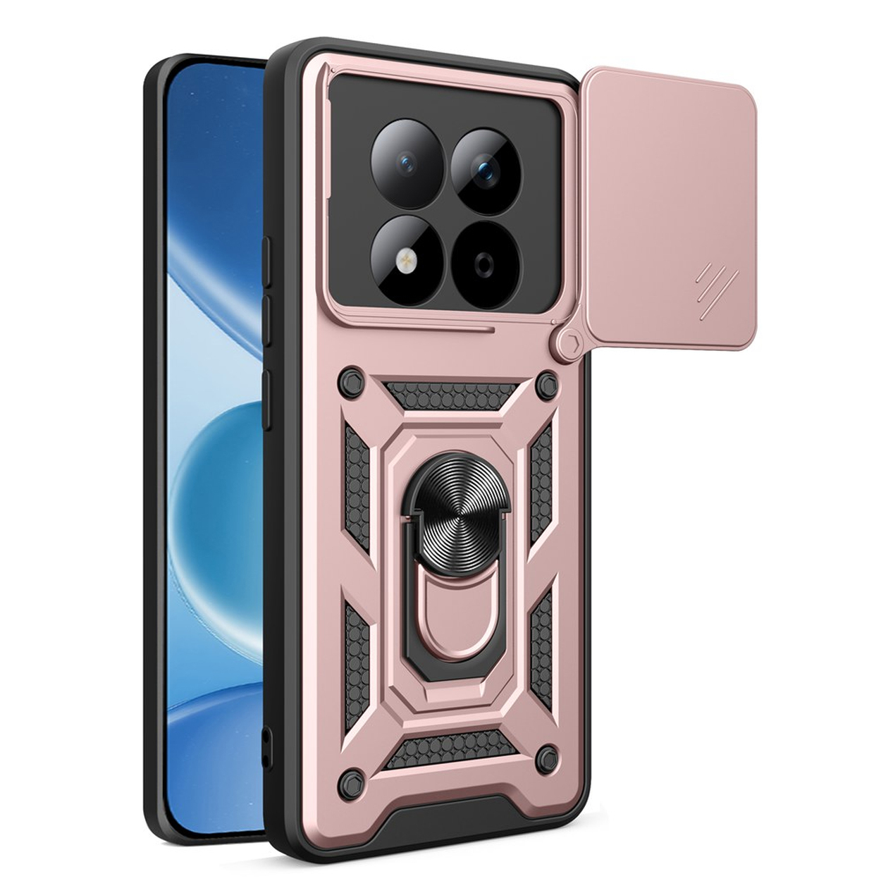Een roségouden telefoonhoesje met ringhouder en cameraklep.