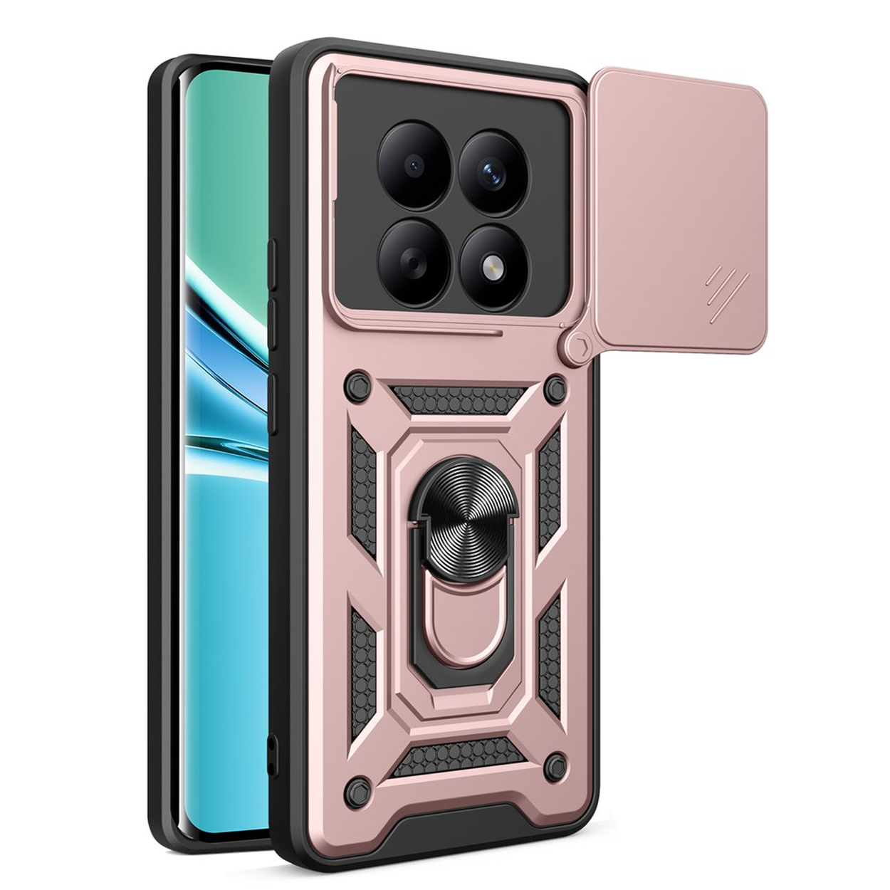 Une coque de téléphone rose doré avec curseur de caméra et support anneau.