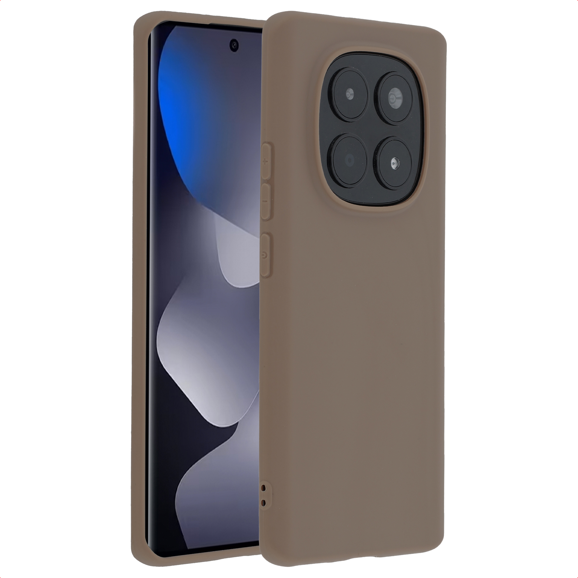 Une coque de téléphone marron avec appareil photo quadruple et écran partiel.