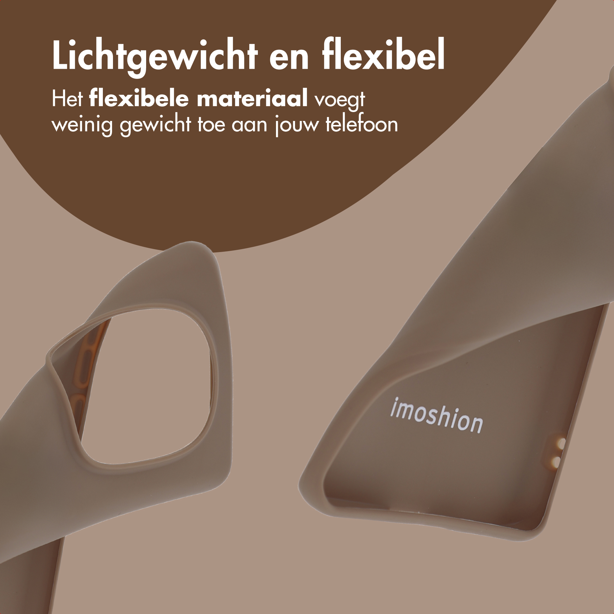Une coque de téléphone beige avec le texte « imoshion ».