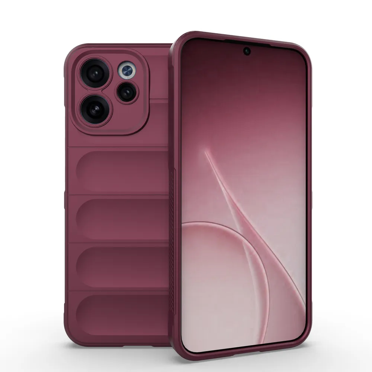 Une coque de téléphone bordeaux avec un renflement pour appareil photo et texture nervurée.