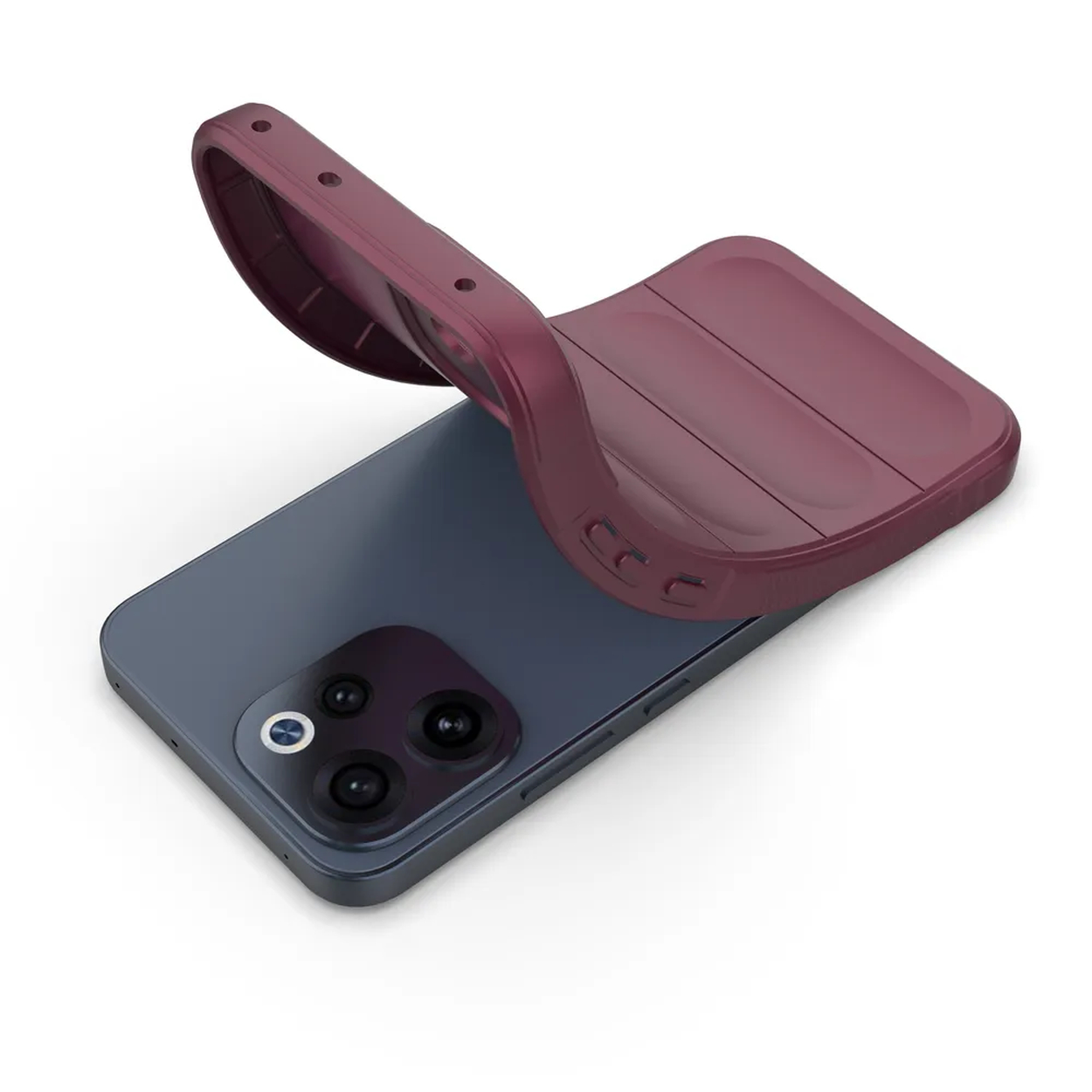 Un étui de téléphone rouge foncé repose sur un smartphone gris.