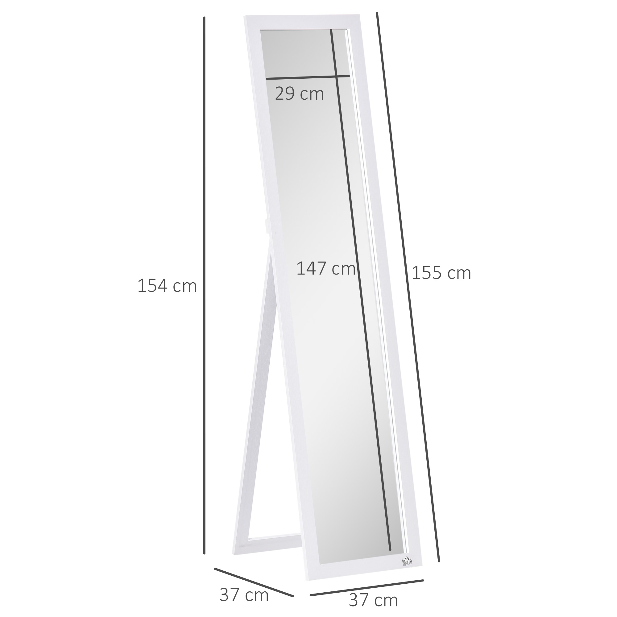 Un espejo blanco independiente de 154x37x155 cm con una superficie de espejo de 147x29 cm.
