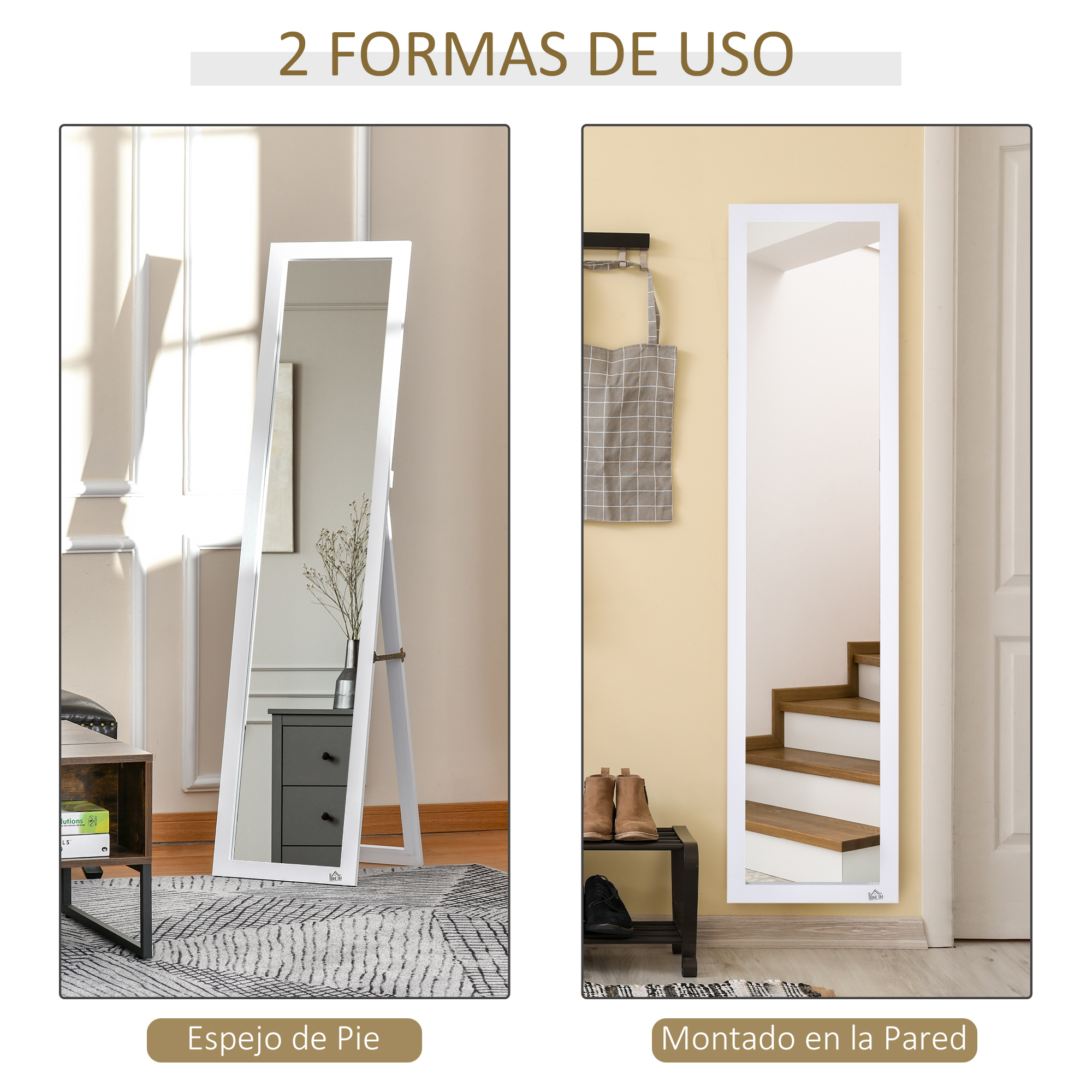 Dos espejos blancos: uno de pie, otro colgado en la pared.