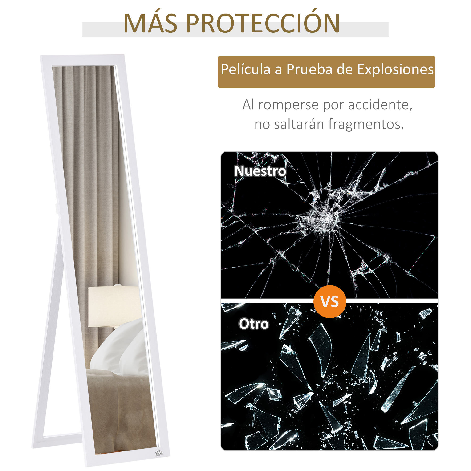 Un espejo blanco junto a una pared con cortinas. A la derecha, espejos rotos.