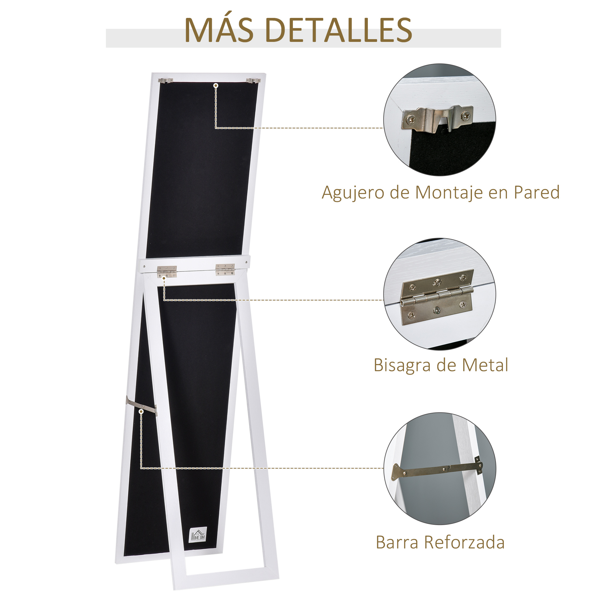Un espejo blanco con bisagras de metal y herrajes para pared.