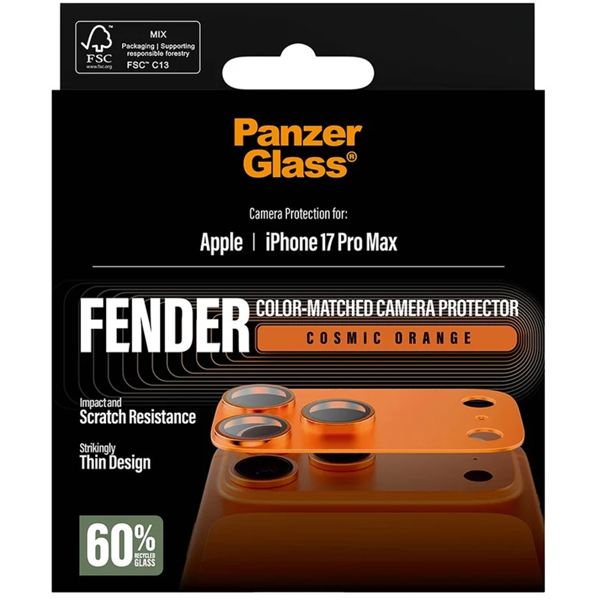 FSC logolu iPhone 17 Pro Max için turuncu kamera koruyucu.