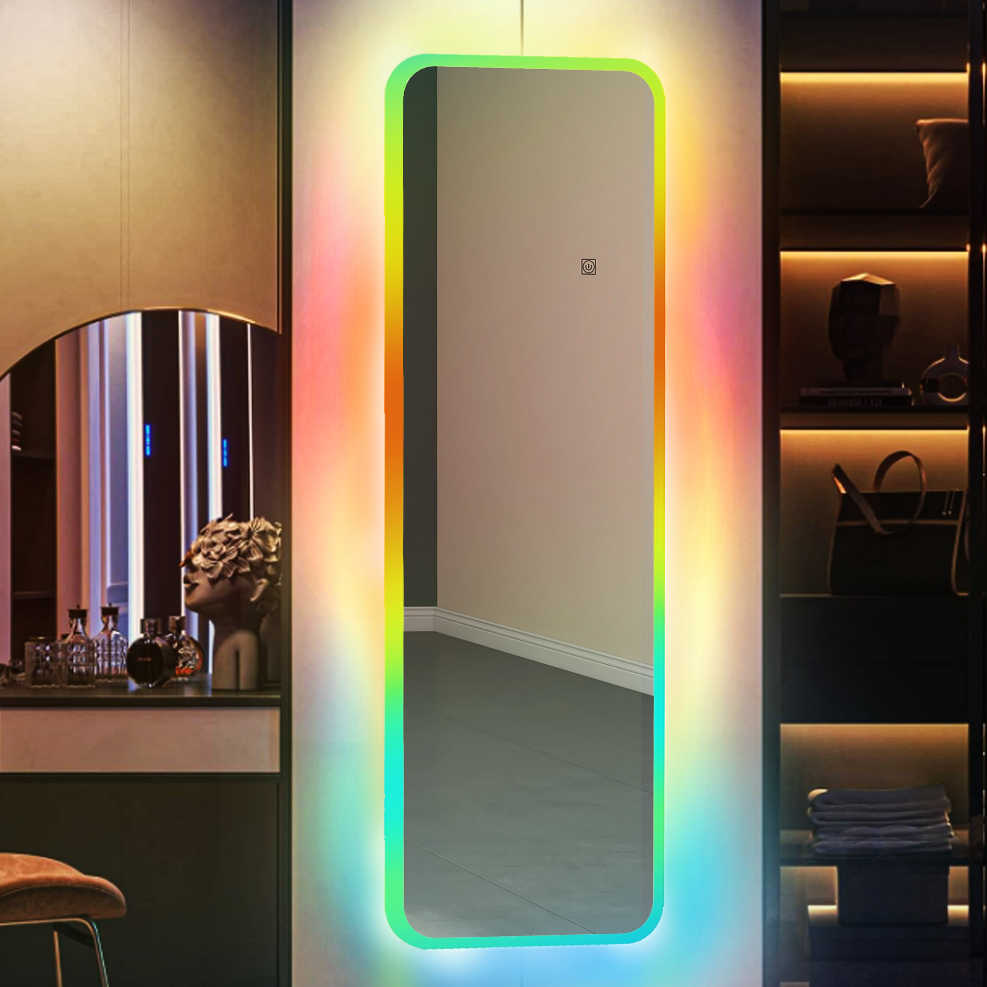Un espejo rectangular con iluminación LED colorida se alza en una habitación moderna.