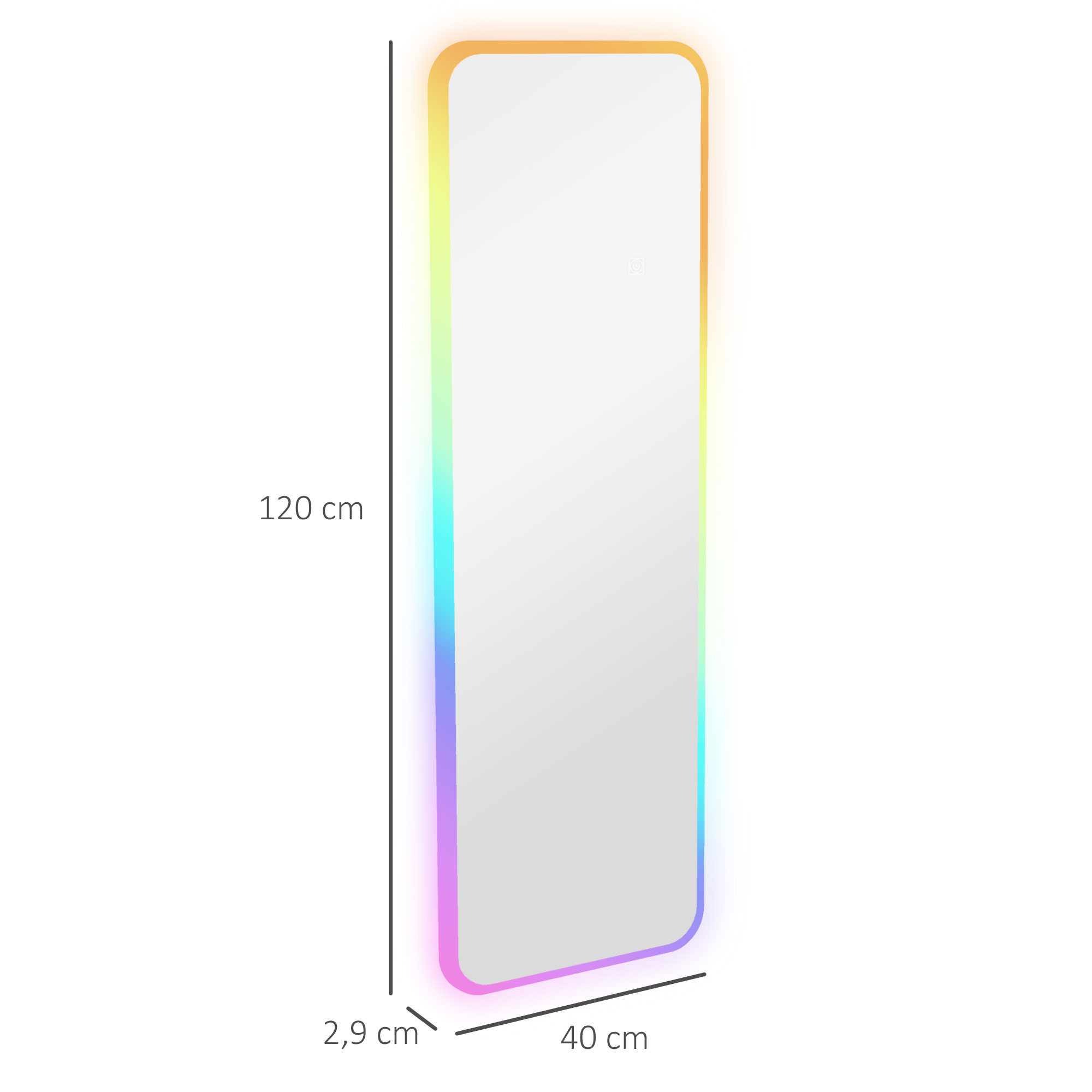 Un espejo alto y estrecho con iluminación LED de colores en el borde. Dimensiones: 120x40x2.9cm.