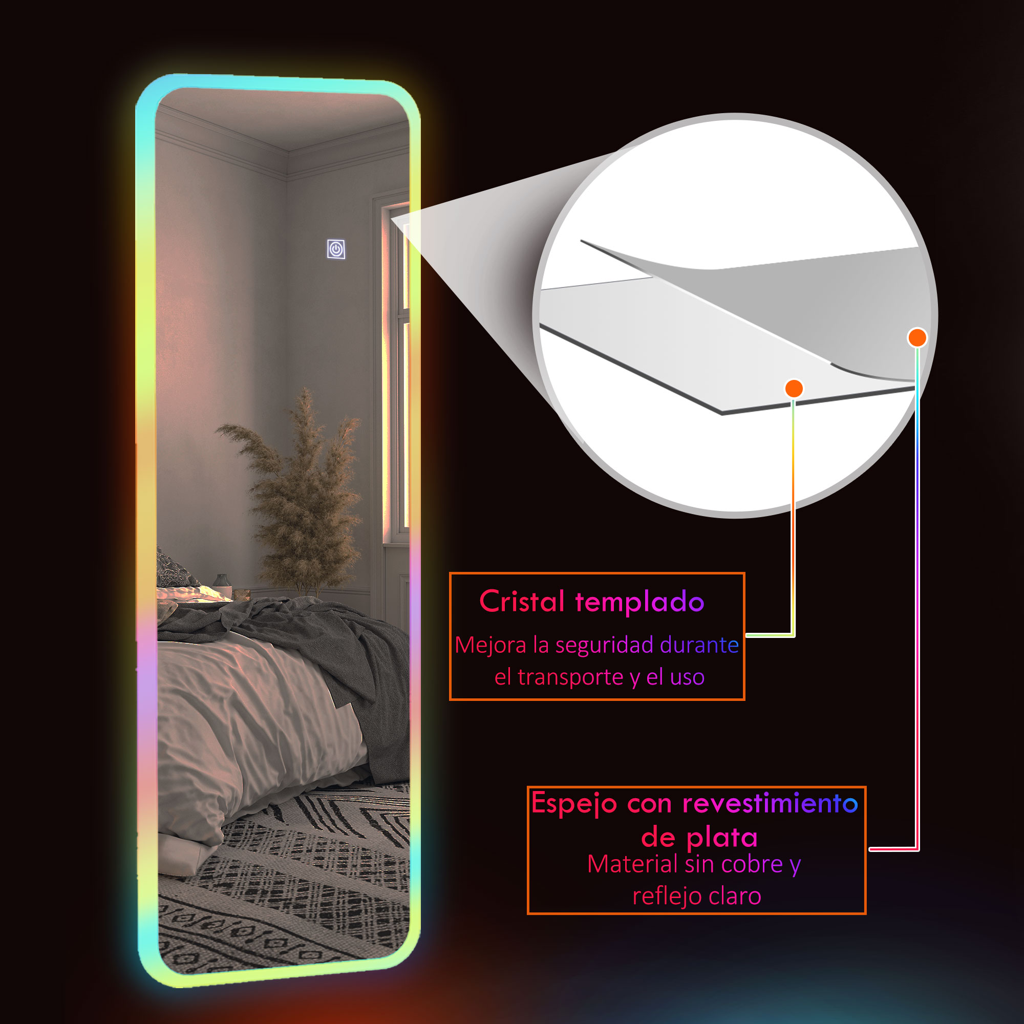 Espejo con iluminación colorida, primer plano de las capas.