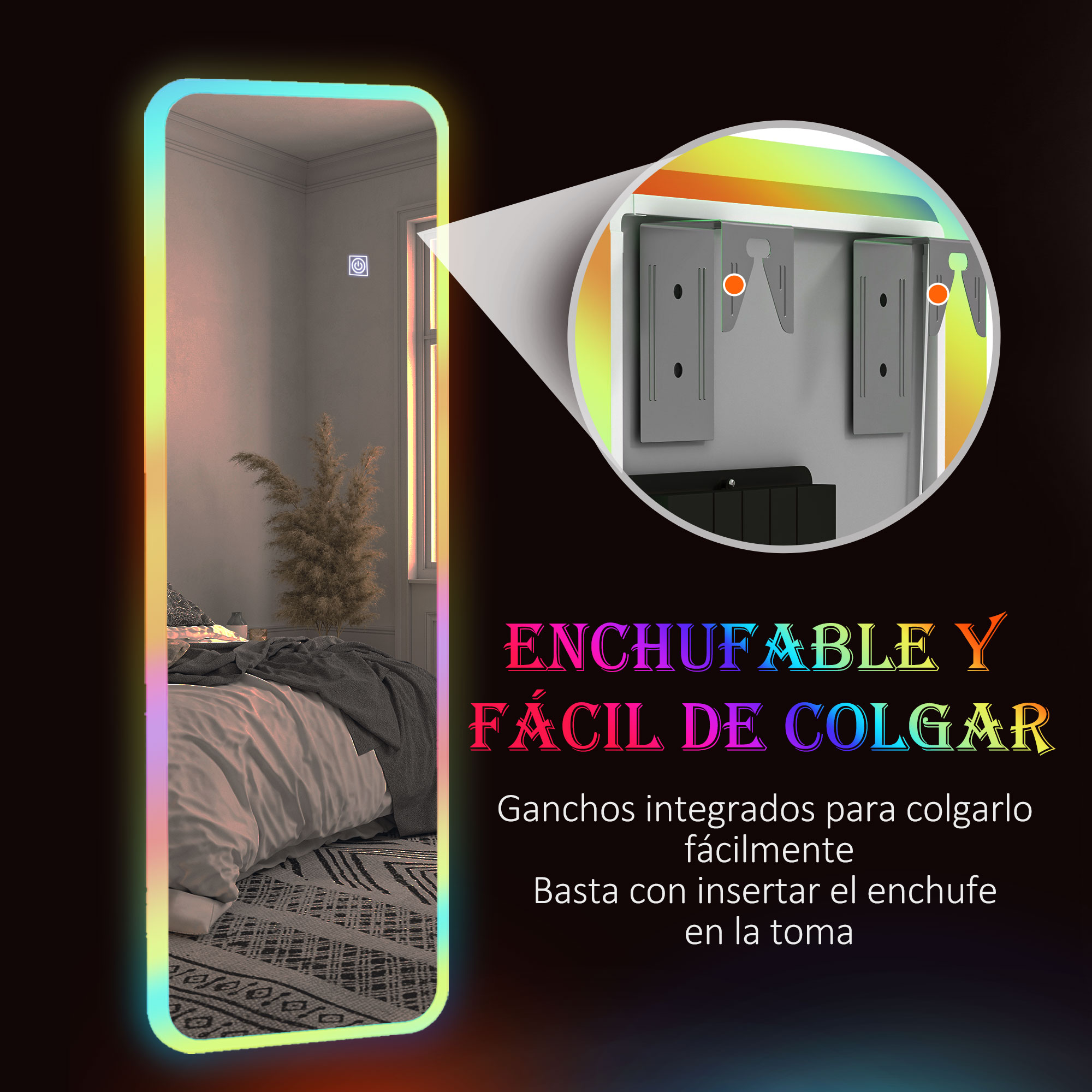 Un espejo iluminado sobre una cama con soporte de pared y texto.