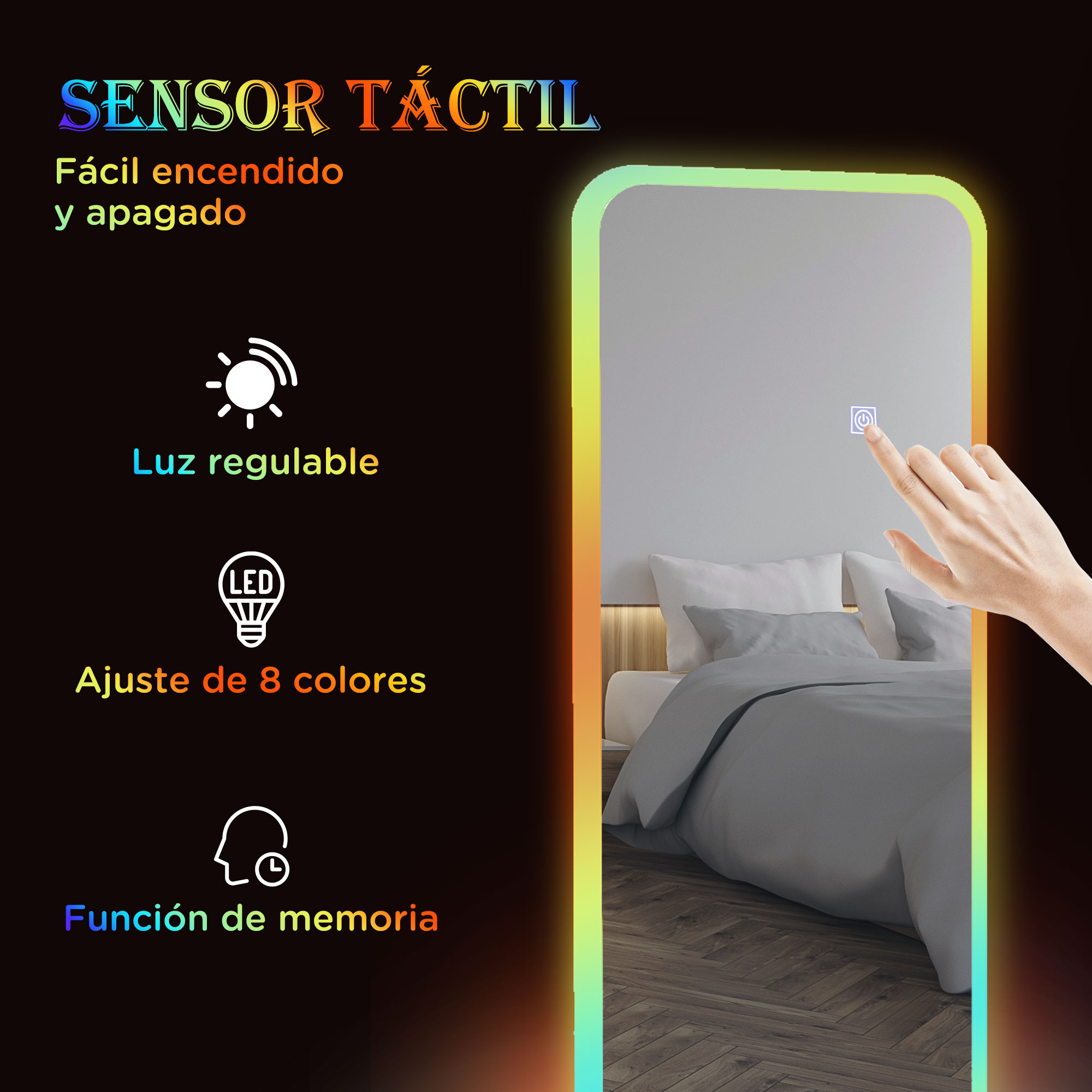 Un espejo con sensor táctil, un dedo tocando el icono de encendido.