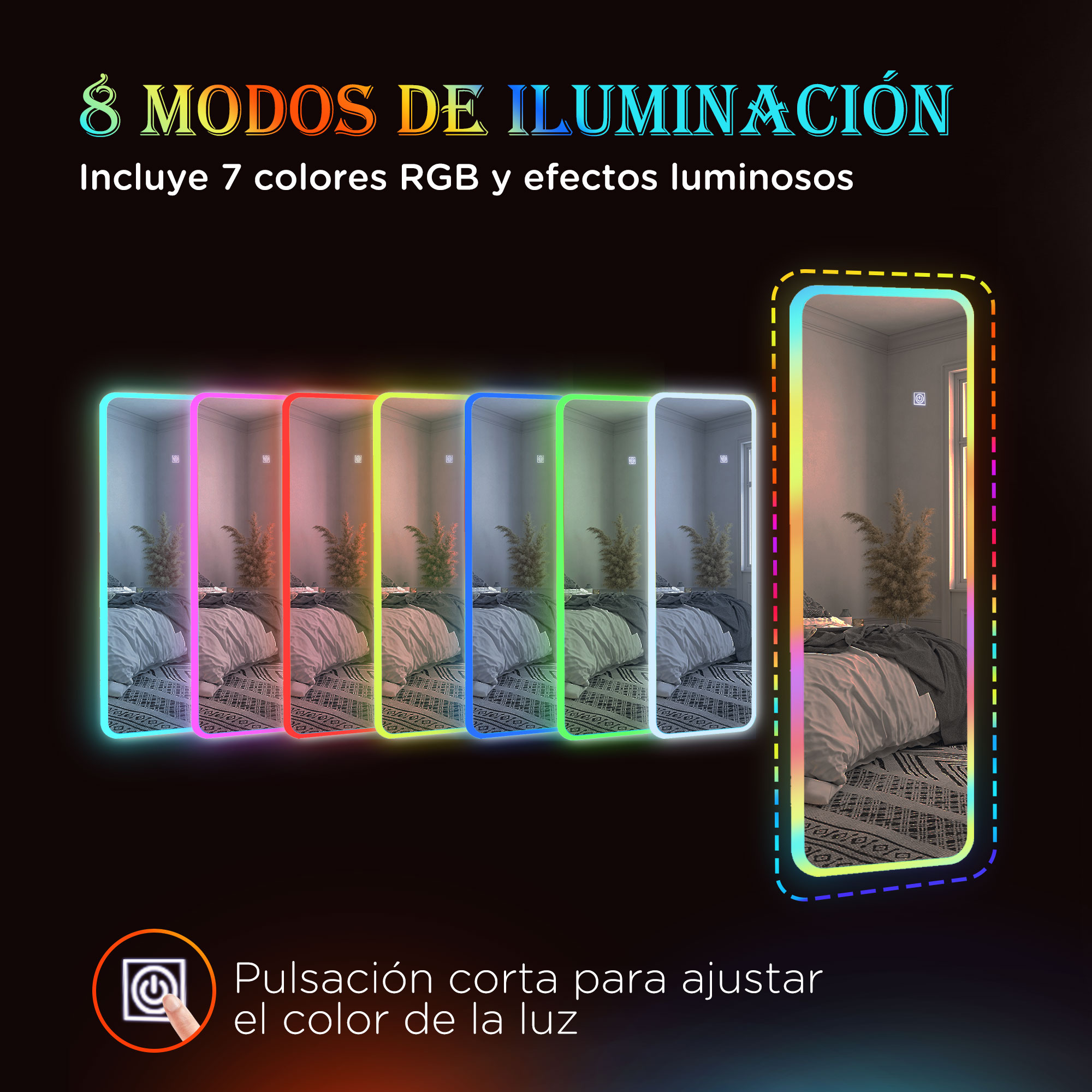 Espejo con iluminación RGB muestra 8 modos de luz en un dormitorio.