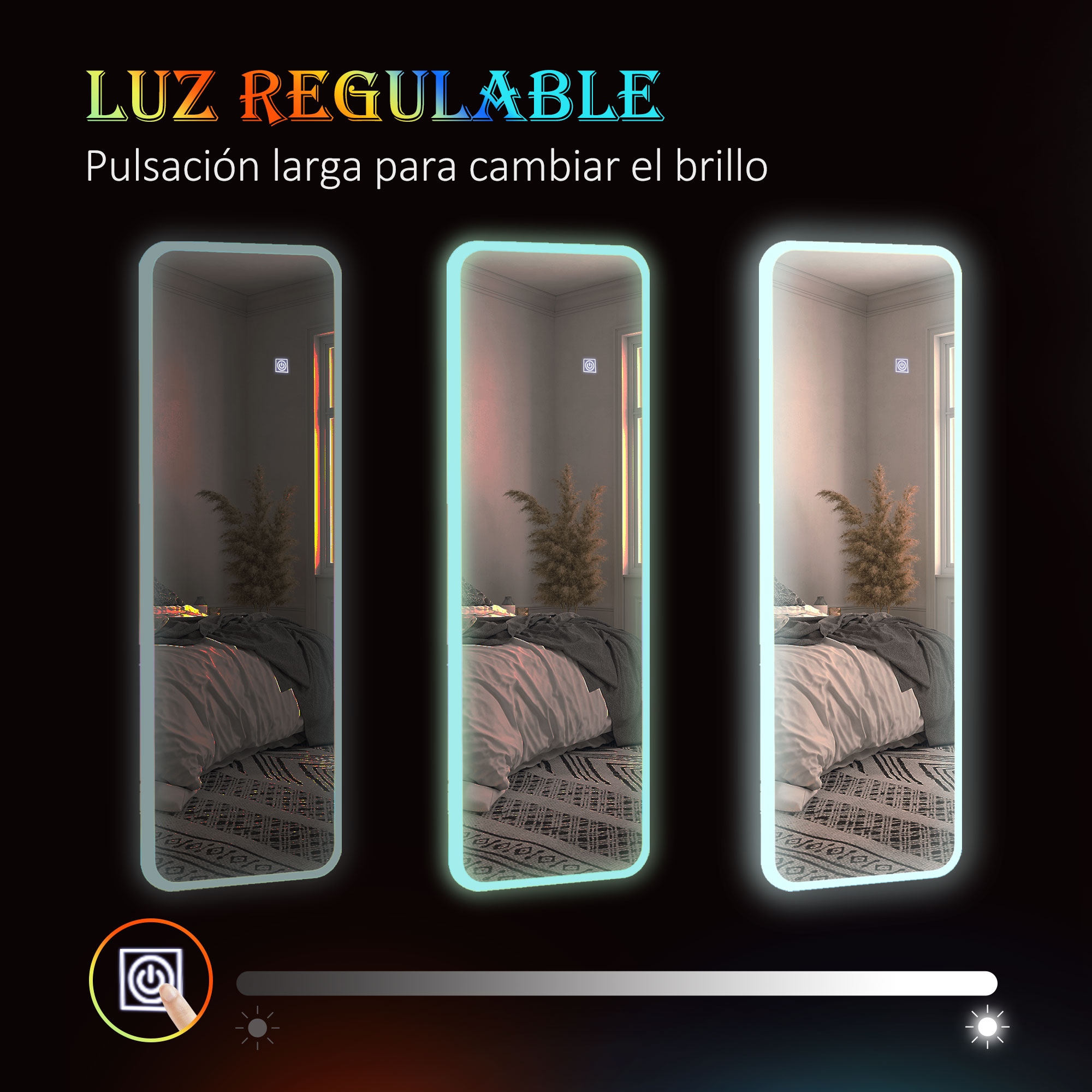 Tres espejos iluminados muestran un dormitorio con cama y planta.
