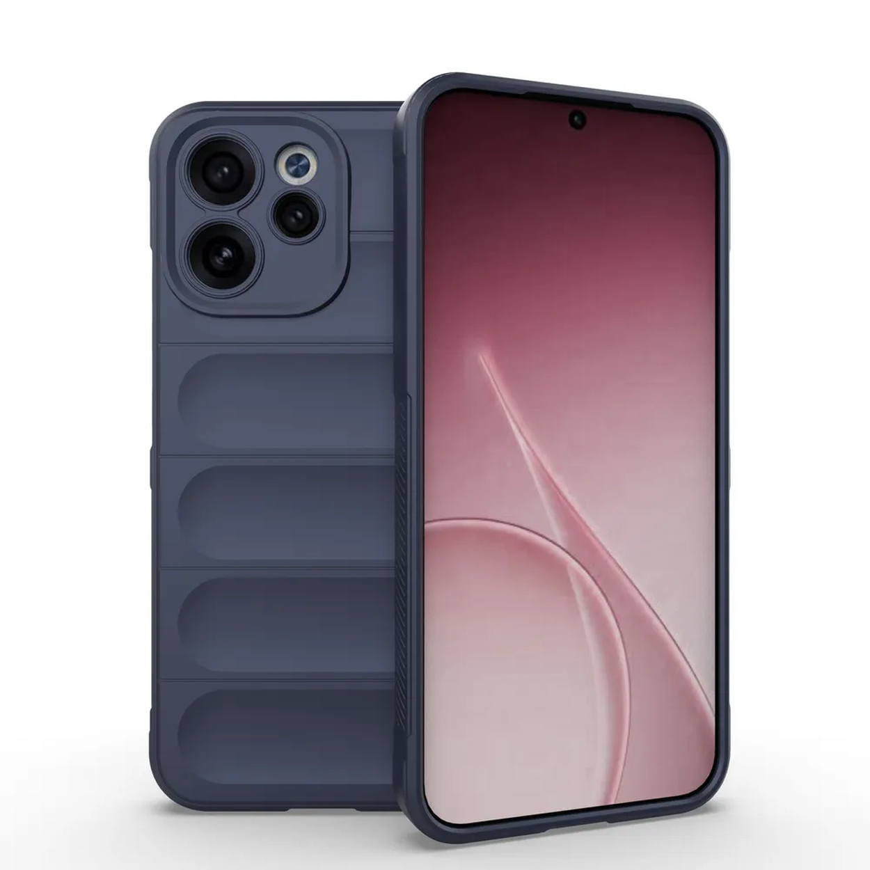 Téléphone bleu foncé avec caméras et dos côtelé, fond blanc.
