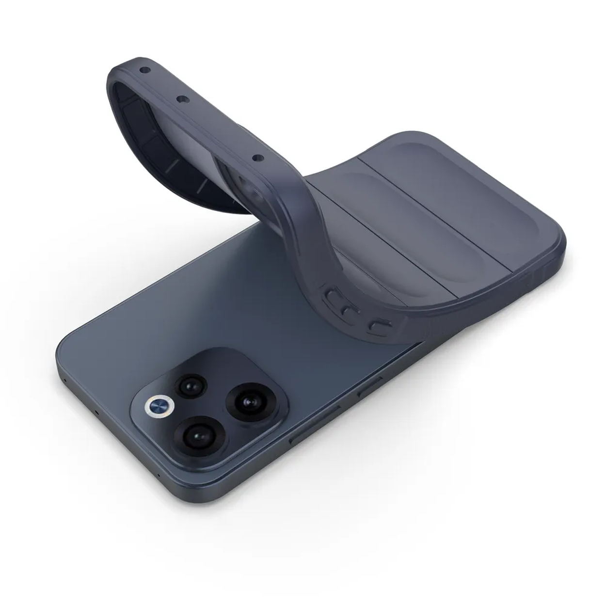 Coque de téléphone grise sur un smartphone avec module caméra.