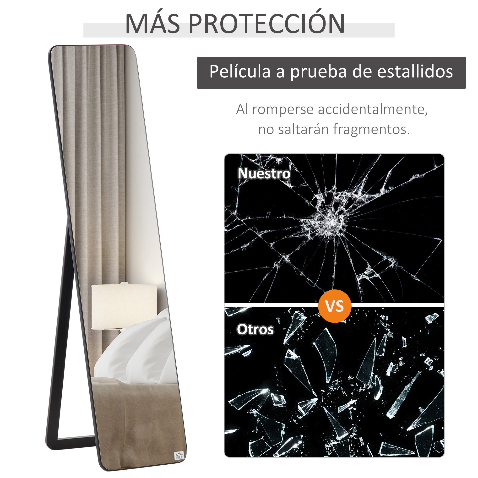 Un espejo de cuerpo entero con soporte, en un dormitorio. El espejo muestra cristales rotos.