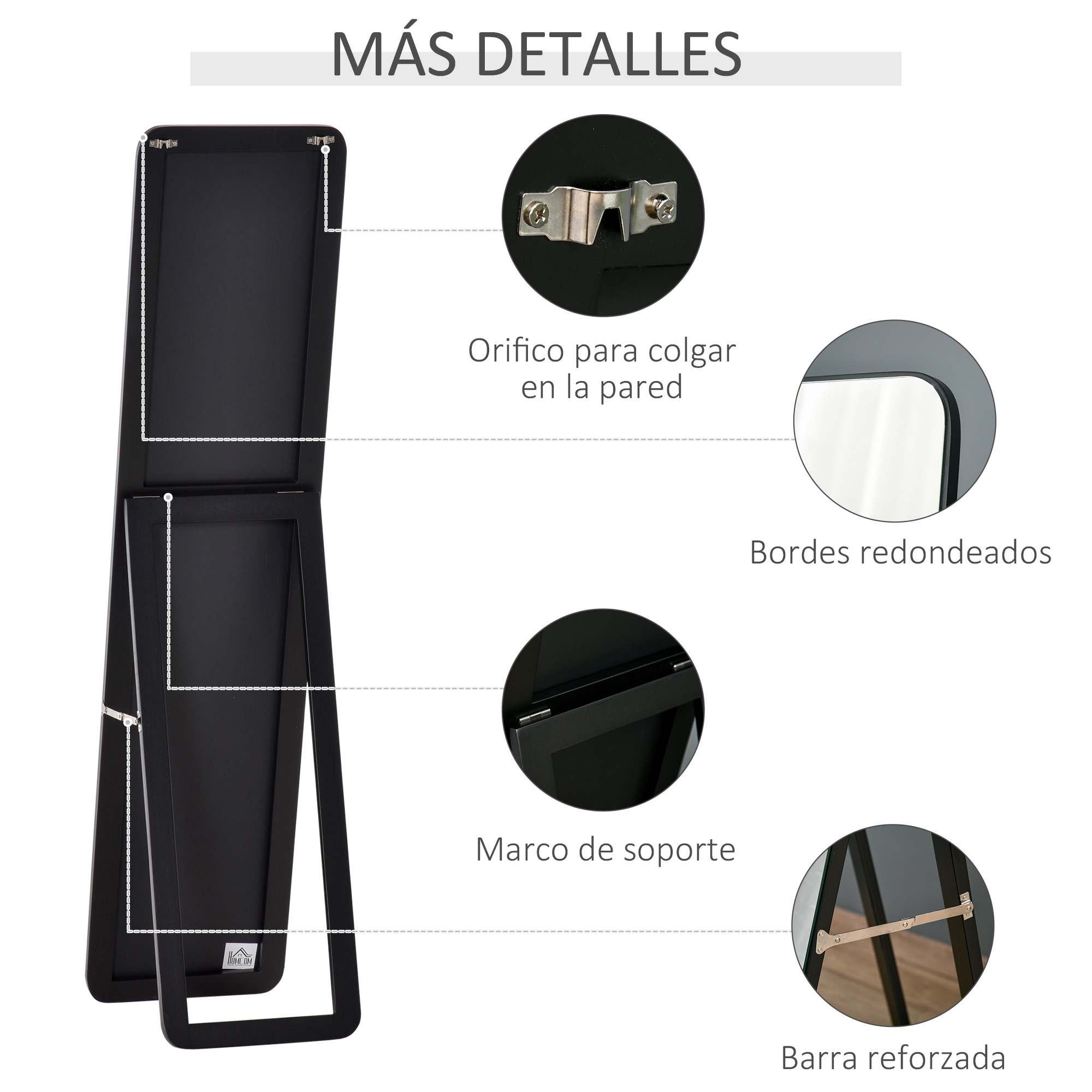 Detalles de un espejo negro: colgador pared, bordes redondeados, marco soporte.