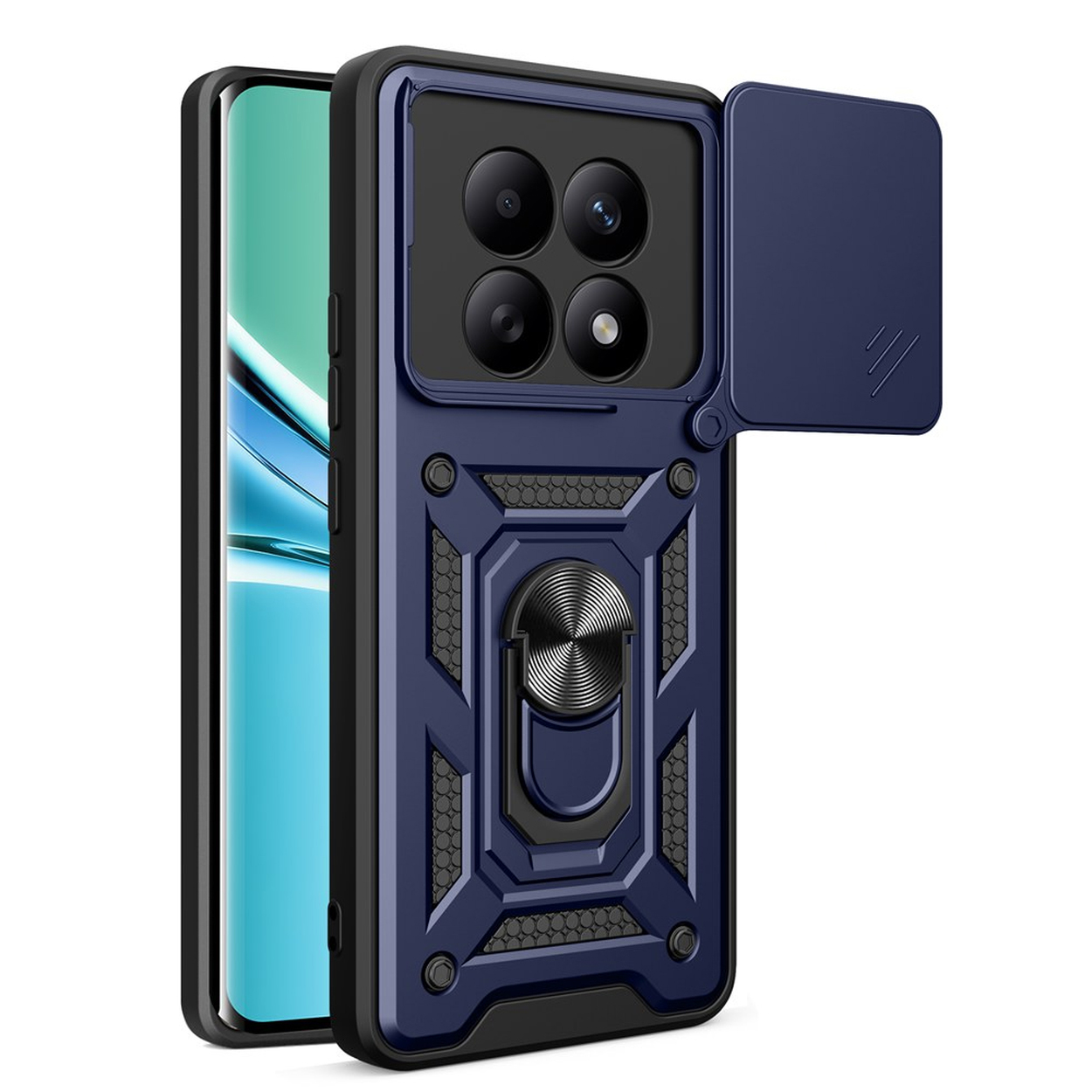Donkerblauw telefoonhoesje met vier camera's en schuifdeksel.