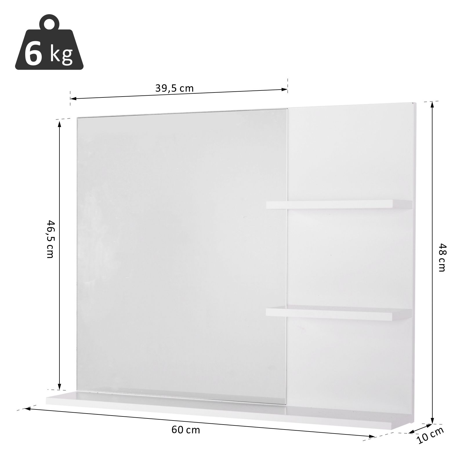 Unidad blanca de pared con espejo, dos estantes y dimensiones.