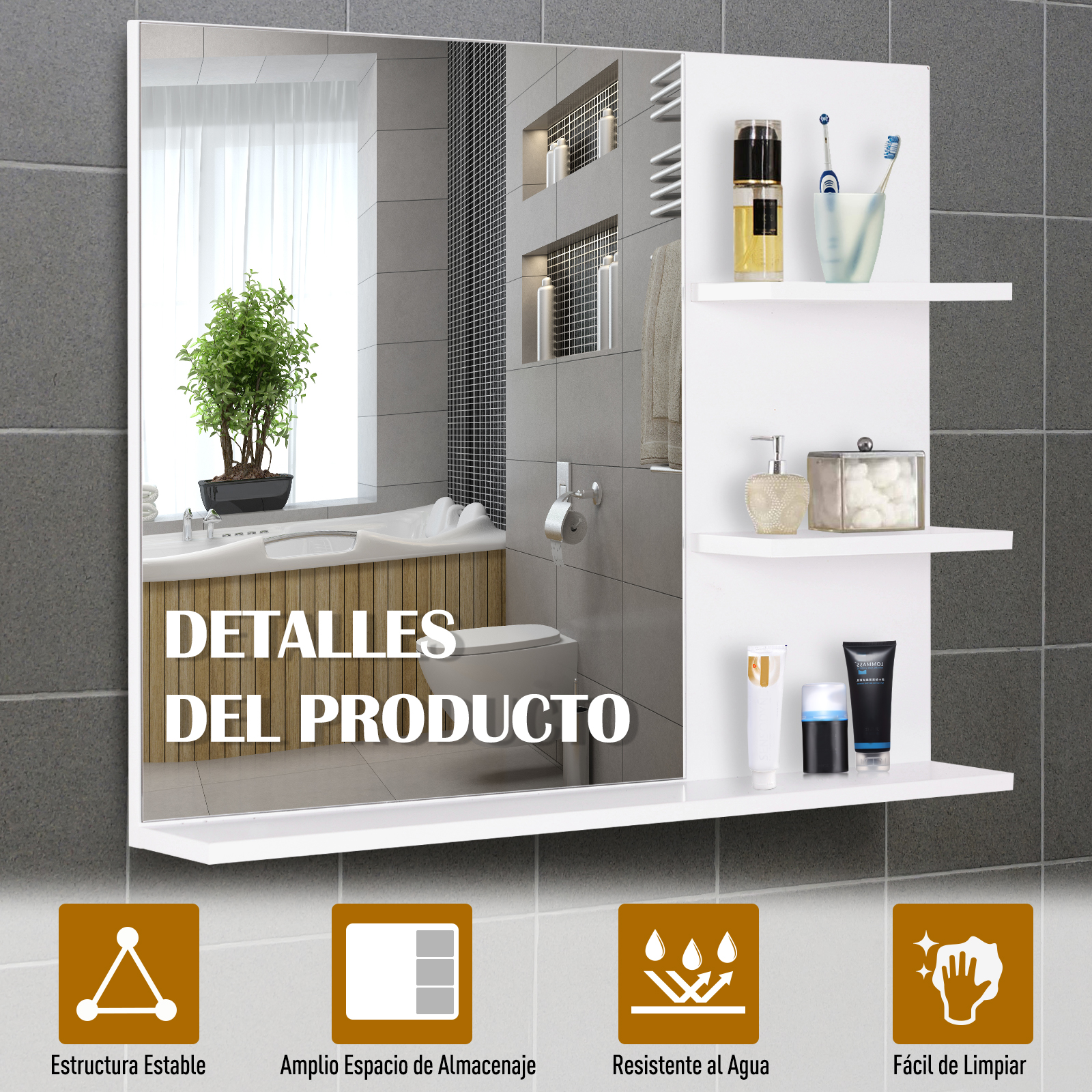 Espejo de baño con repisa que sostiene artículos de tocador.