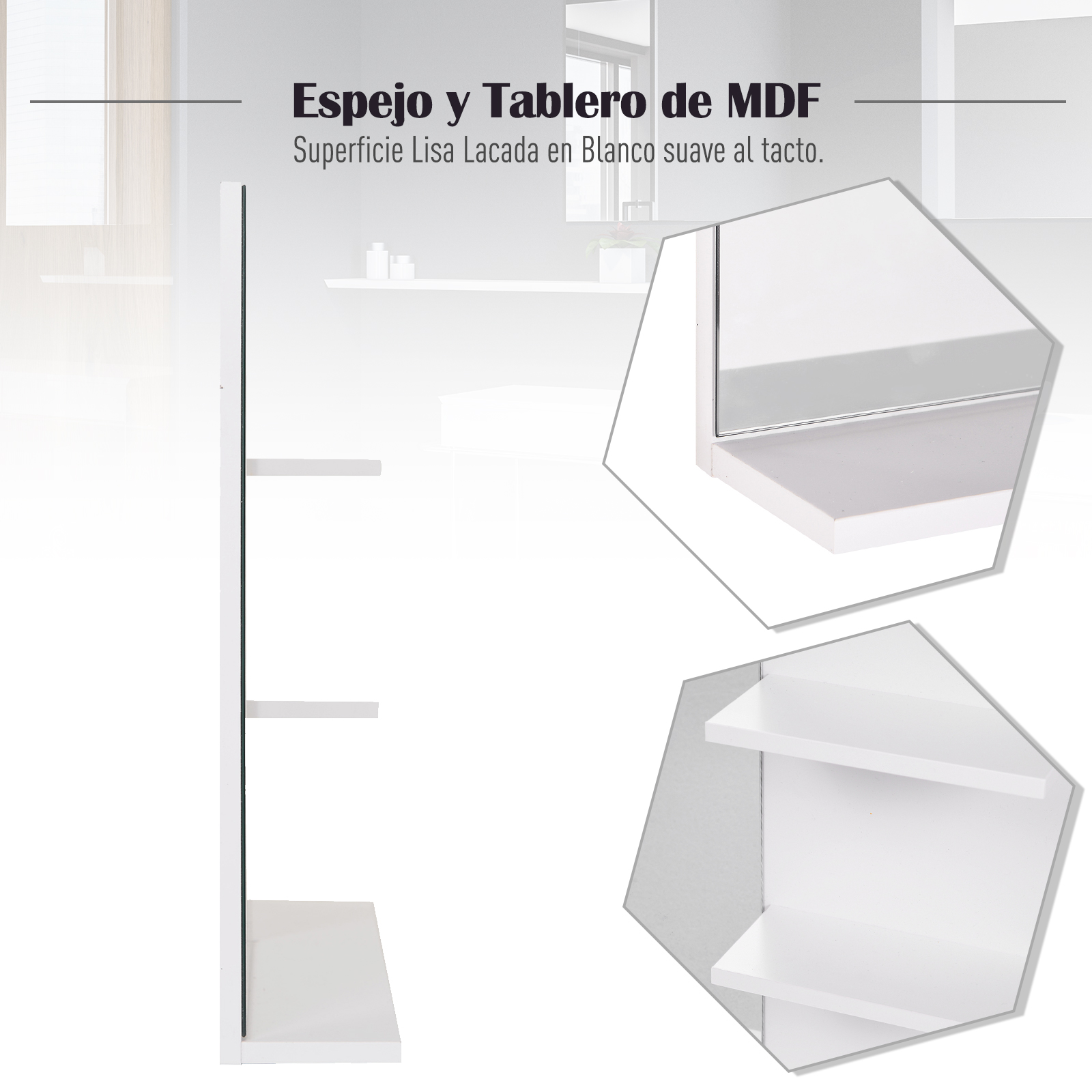 Estante blanco con espejo y dos estantes. Primeros planos muestran detalles.
