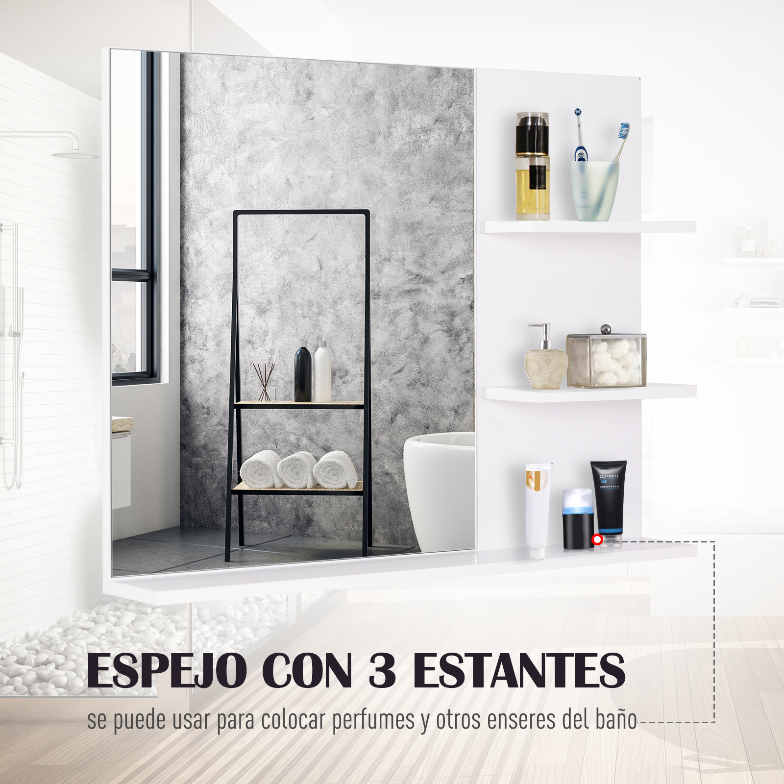 Estante de baño con espejo: botellas de perfume, toallas, cepillos.