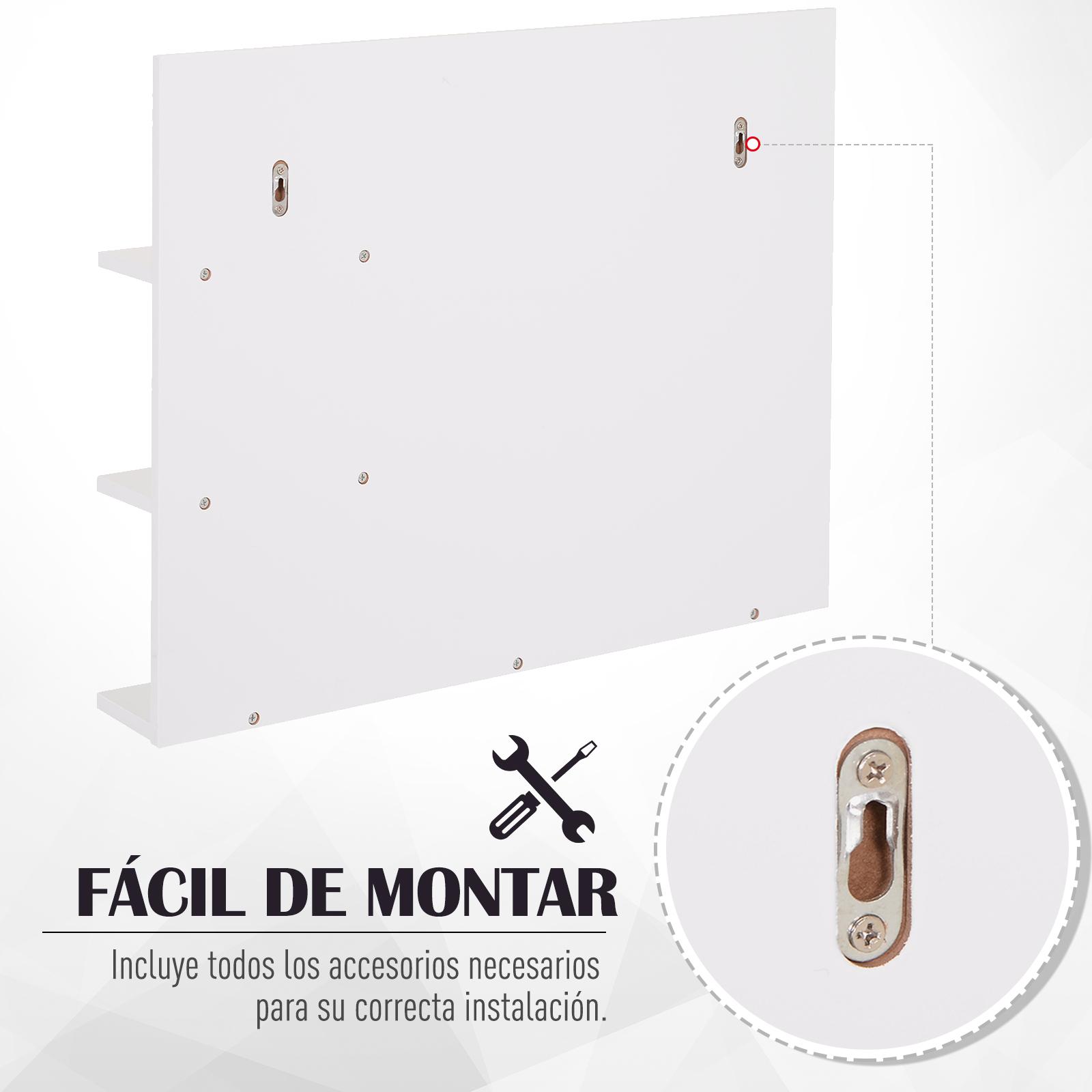 Estantes blancos para pared con orificios de montaje e icono.
