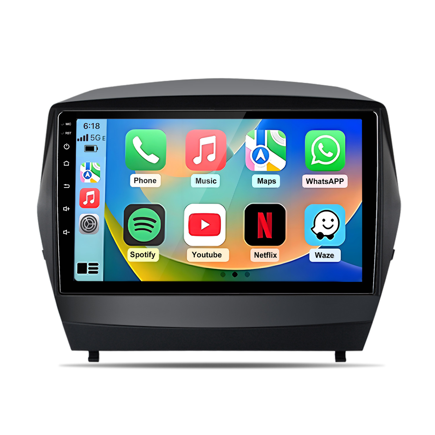 Una pantalla táctil de radio de coche muestra iconos de apps para Teléfono, Música, Mapas, WhatsApp, Spotify, YouTube, Netflix y Waze.