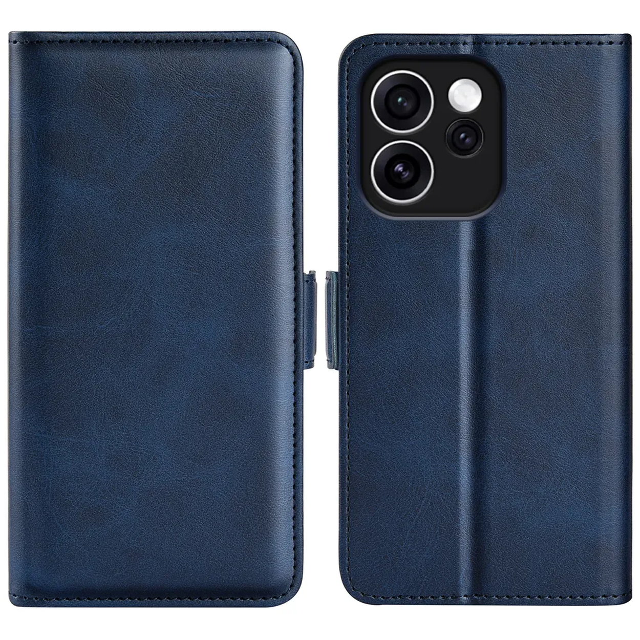 Pochette en cuir bleu foncé avec découpe caméra à droite.
