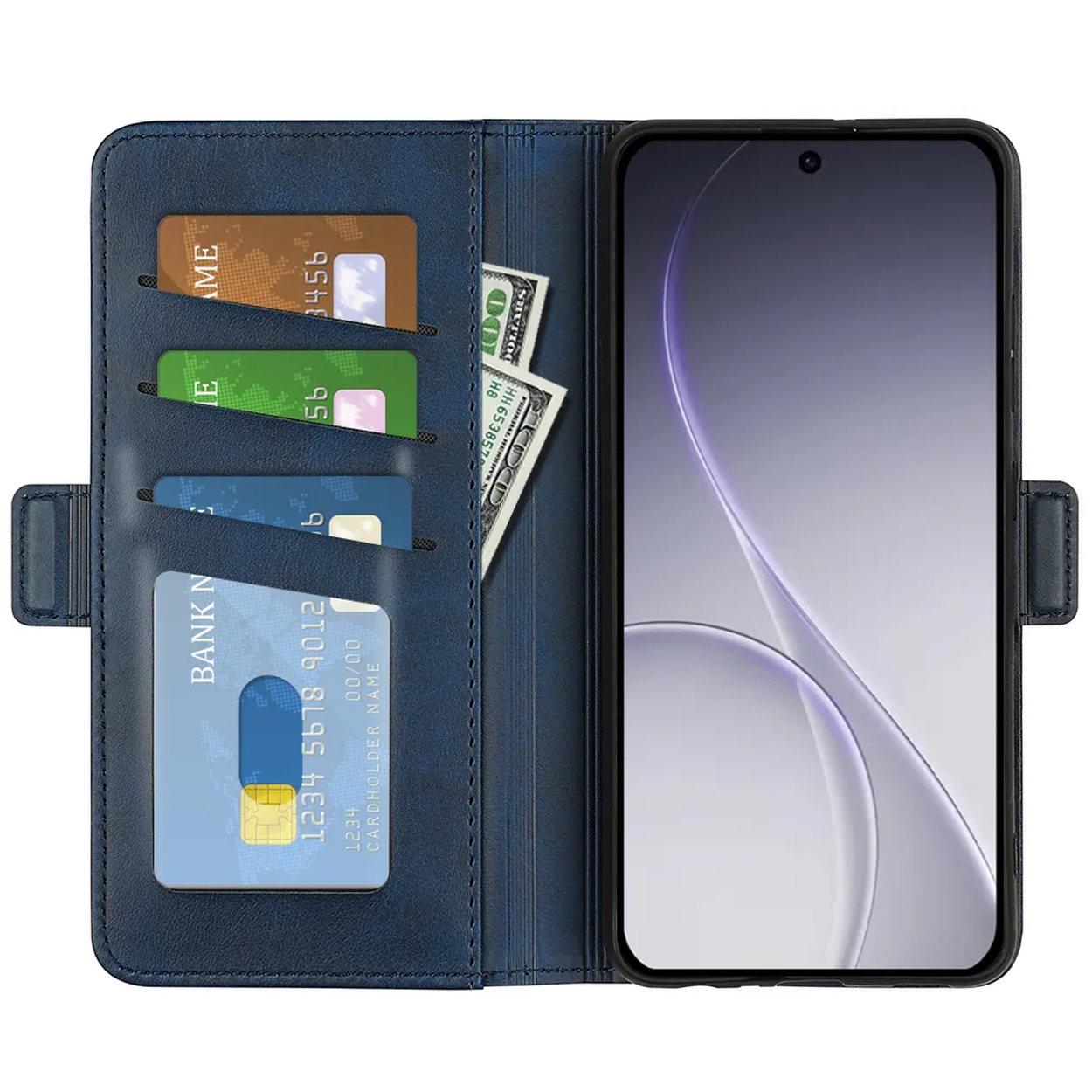 Un étui portefeuille bleu avec cartes de crédit et billets, à côté d'un smartphone.