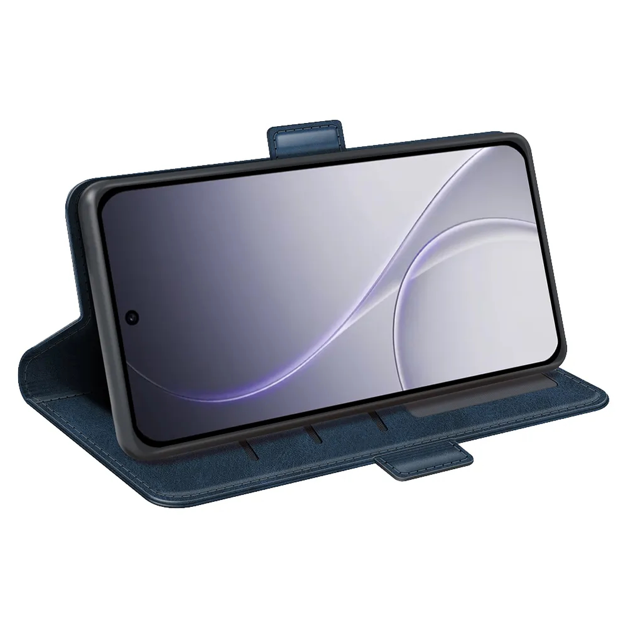 Étui portefeuille bleu pour téléphone avec rabat ouvert, montrant un smartphone.