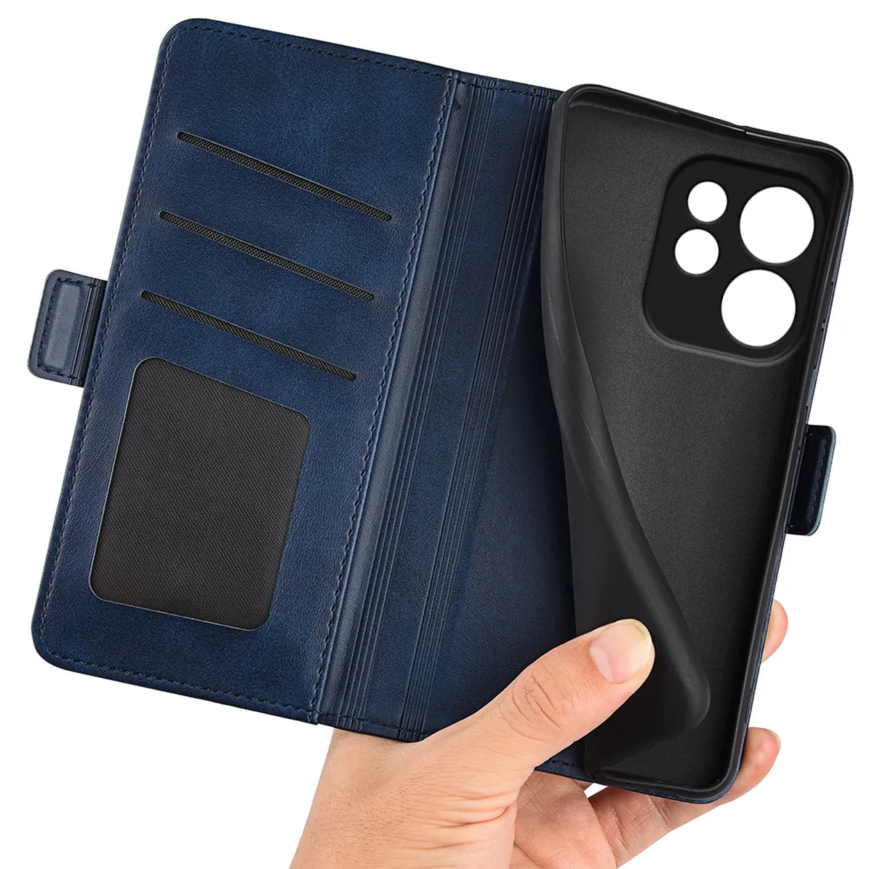 Portefeuille bleu foncé avec étui pour téléphone et quatre fentes.